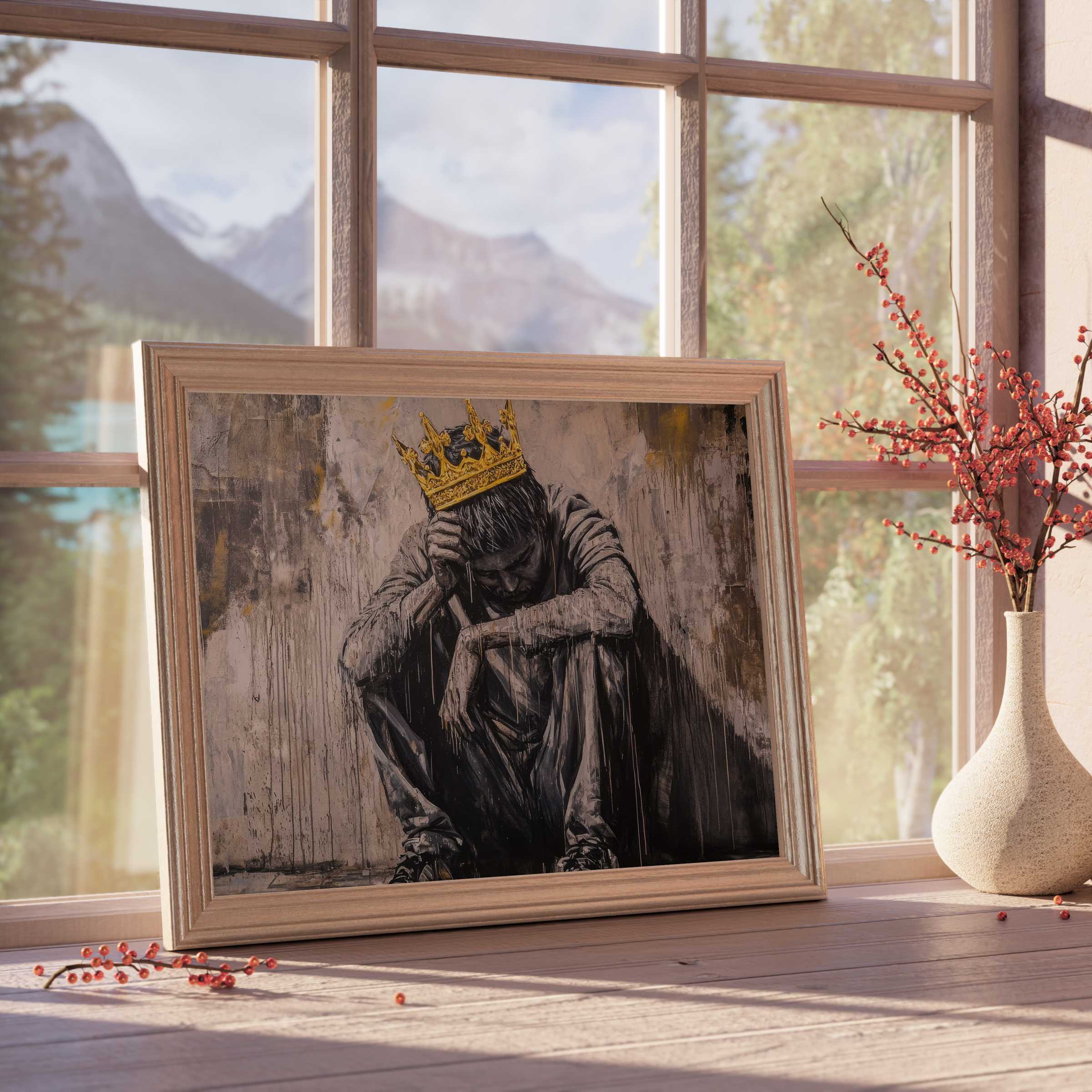 Street art downloadable art featuring a contemplative figure with a golden crown, enriching serene, curated spaces with urban elegance and layered emotion