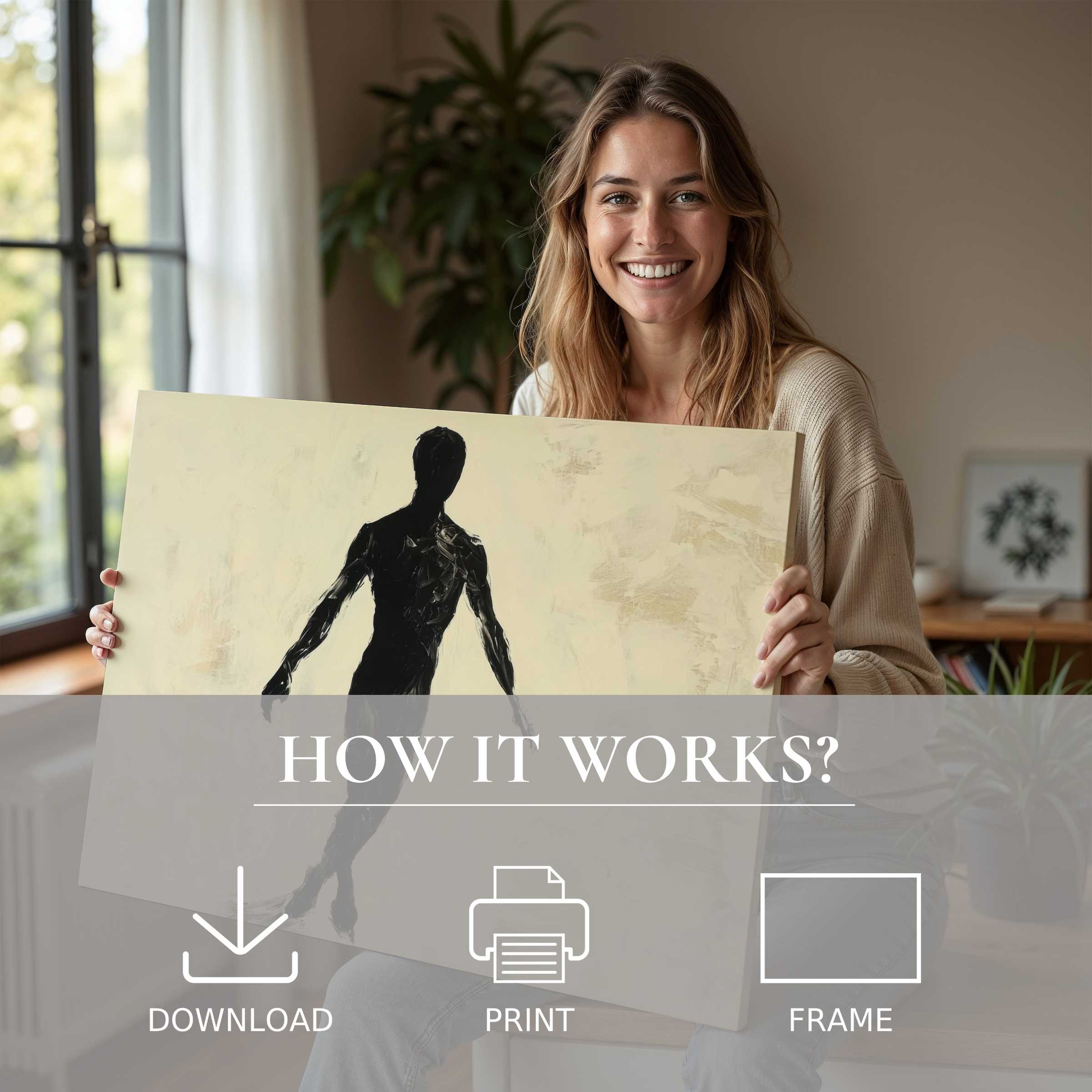 Contemporary minimalist digital art print embraced in a sunlit modern home, radiating warmth and effortless elegance