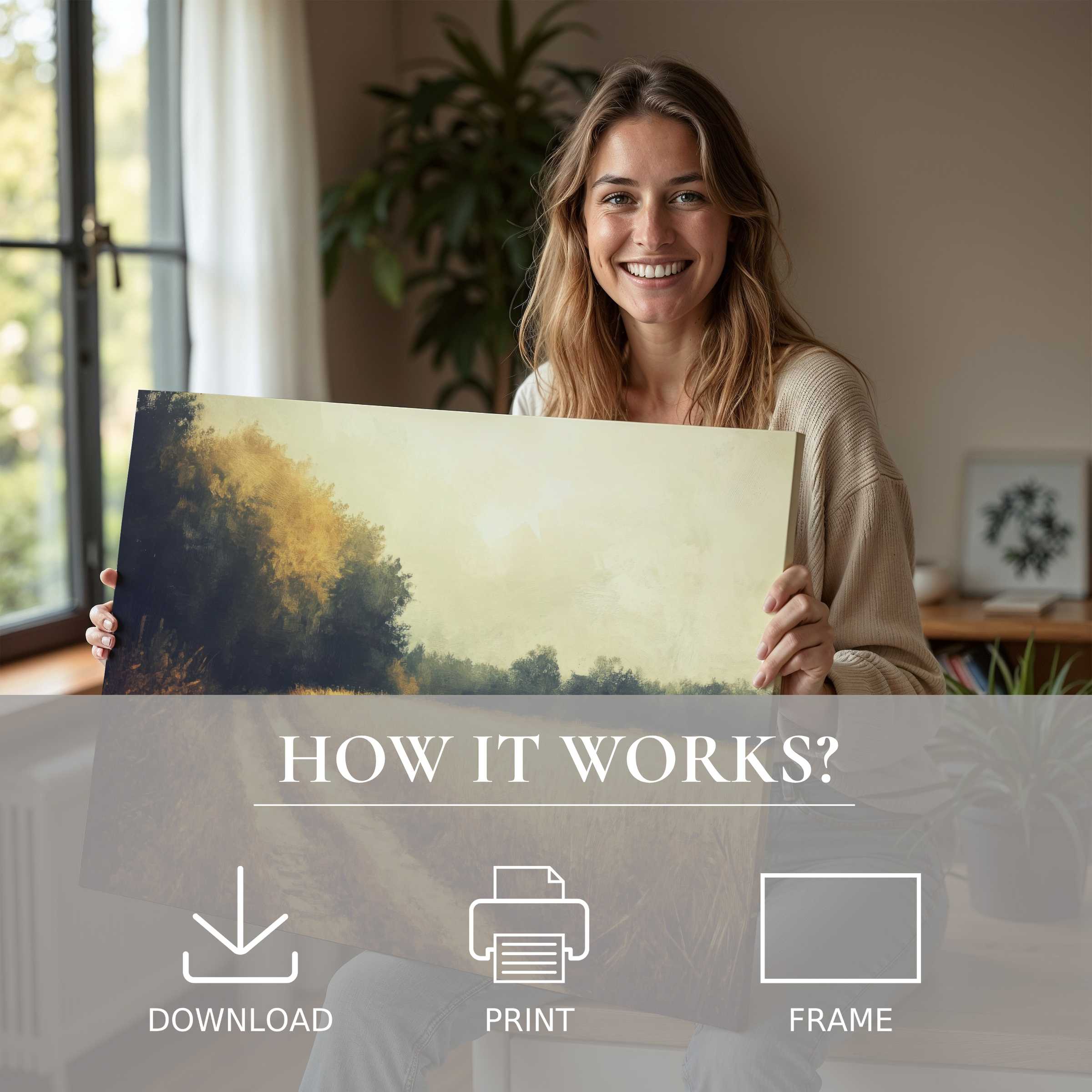 A serene moment of joy as a woman embraces a fall digital art print in warm, earthy tones, enriching her modern home