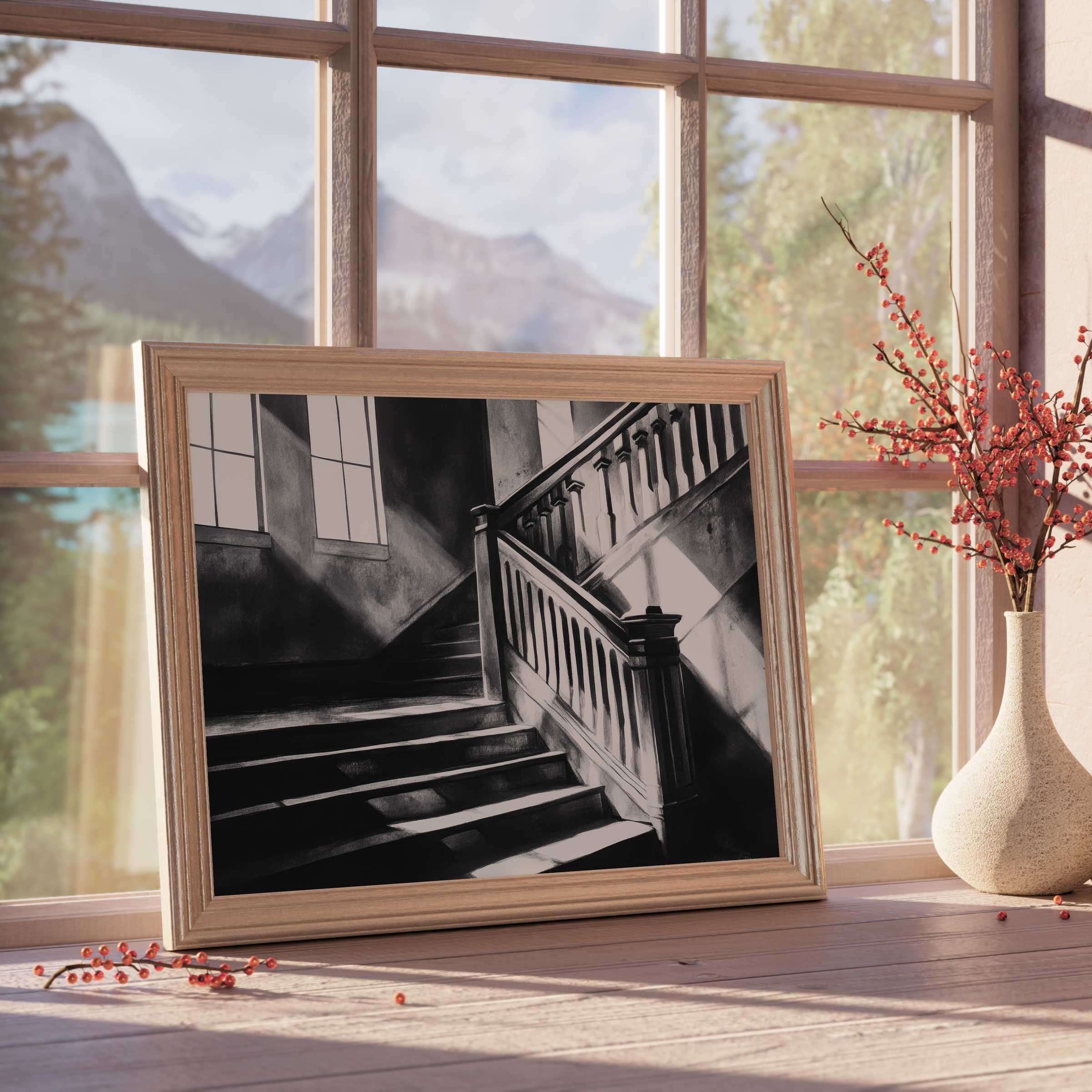 Black and white downloadable art capturing serene stairway shadows - perfect for elevating elegant, minimalist and tranquil interiors