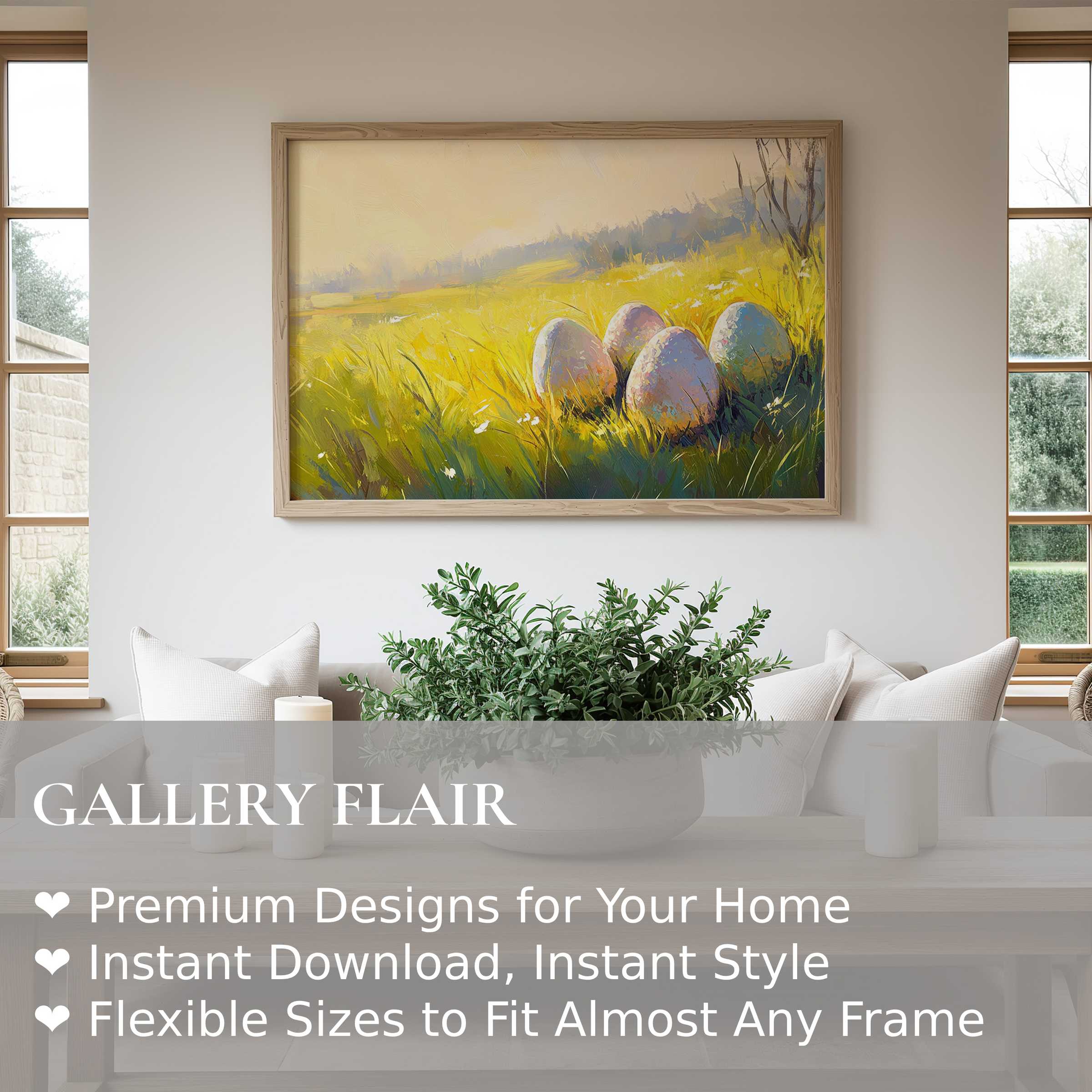 Easter wall art print with radiant, impressionistic eggs nestled in a sunlit meadow, elevating modern farmhouse and rustic interiors