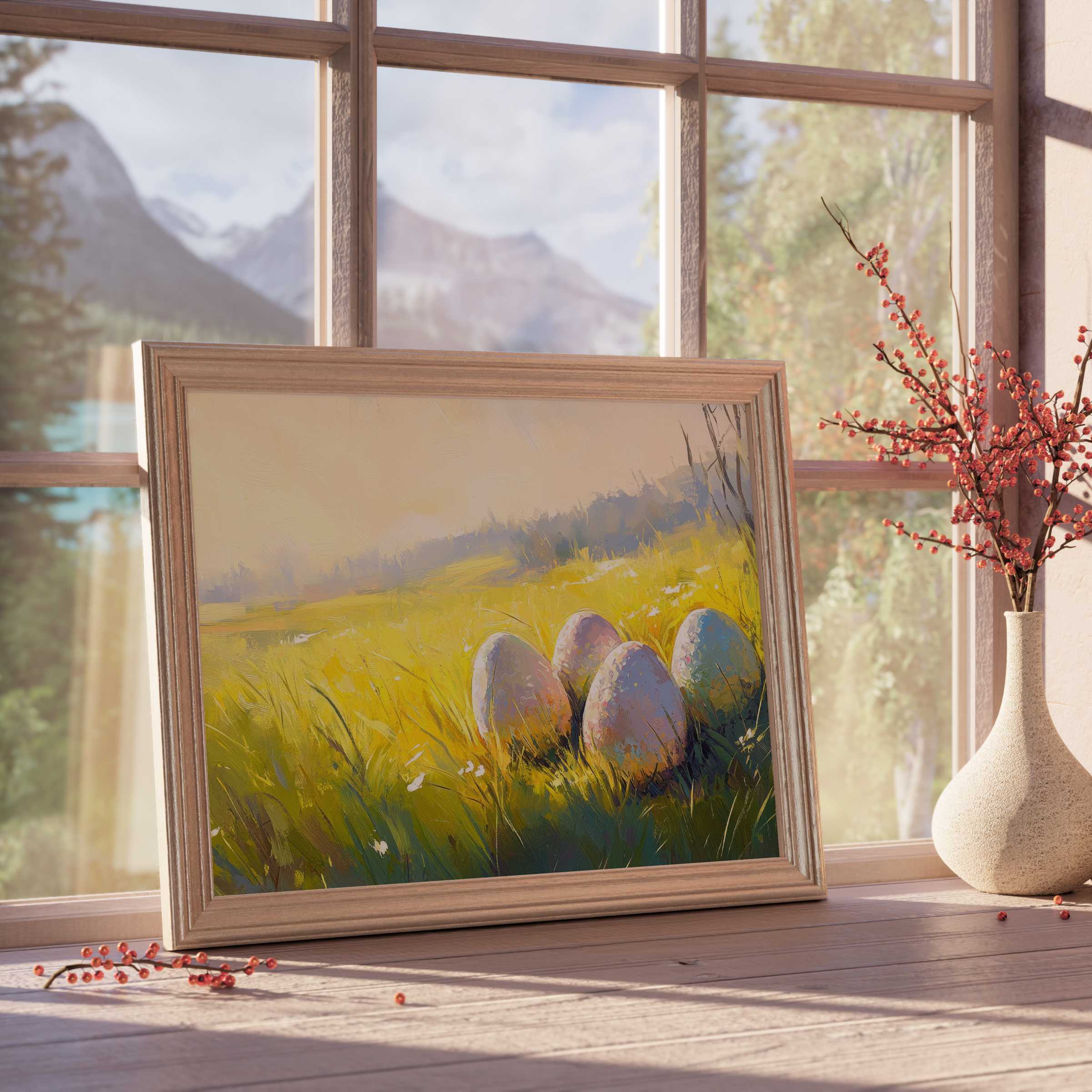 Easter downloadable art featuring softly lit eggs in a serene meadow, enhancing tranquil, design-forward interiors with warm, natural elegance