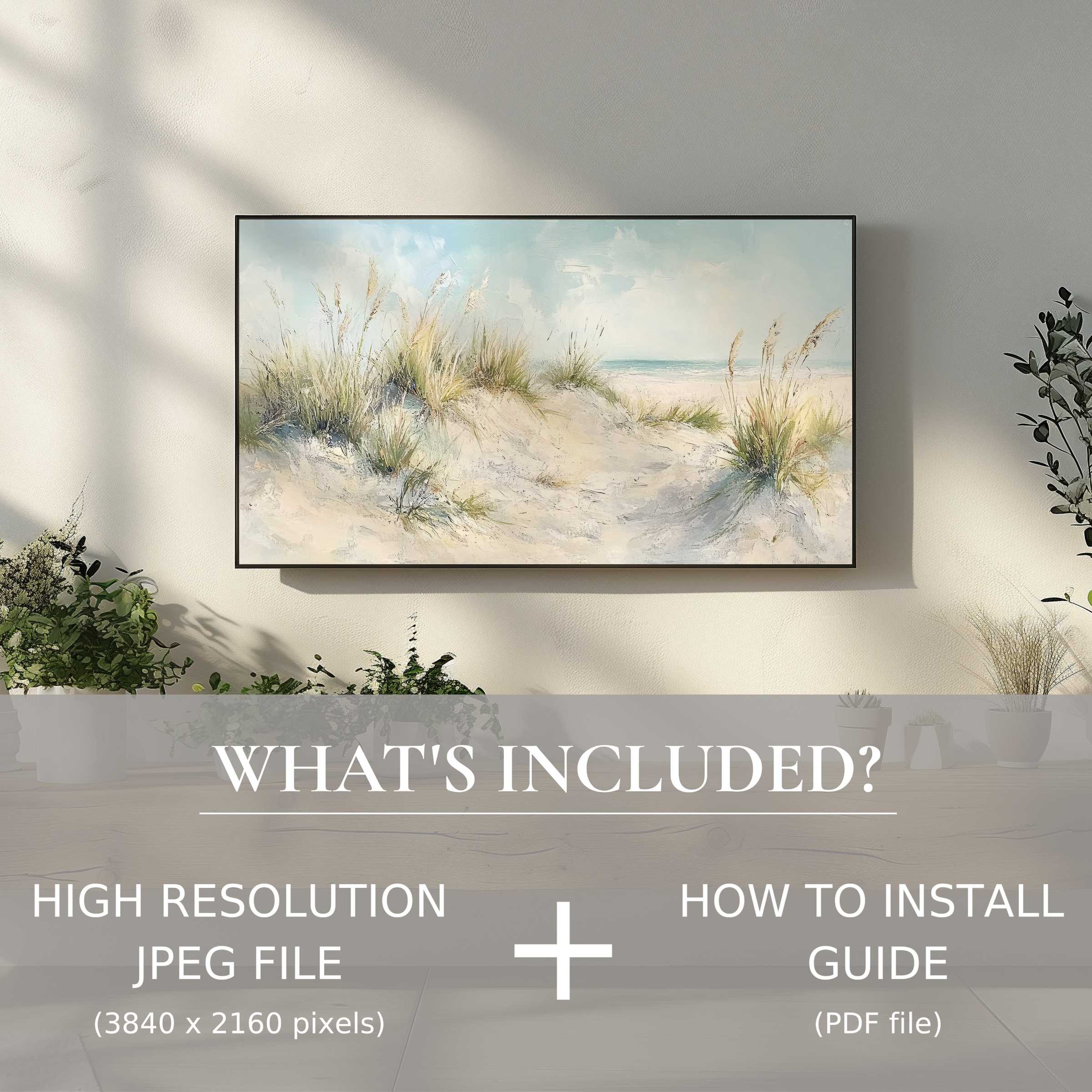 Elegant summer digital TV art download showcasing serene beach dunes, enhancing your space with effortless digital style