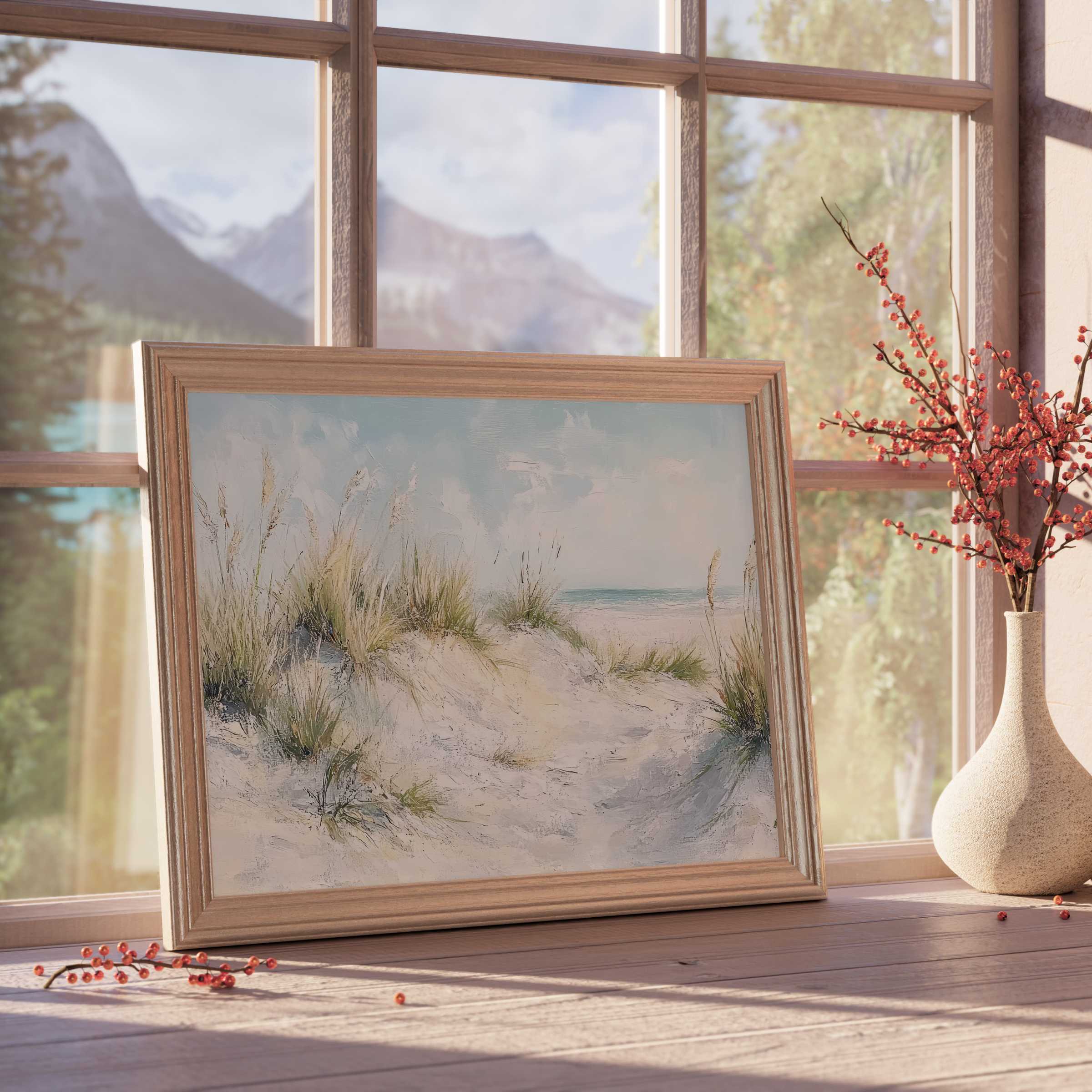 Summer downloadable art capturing serene coastal dunes in soft pastels, enhancing tranquil, design-forward interiors with airy elegance