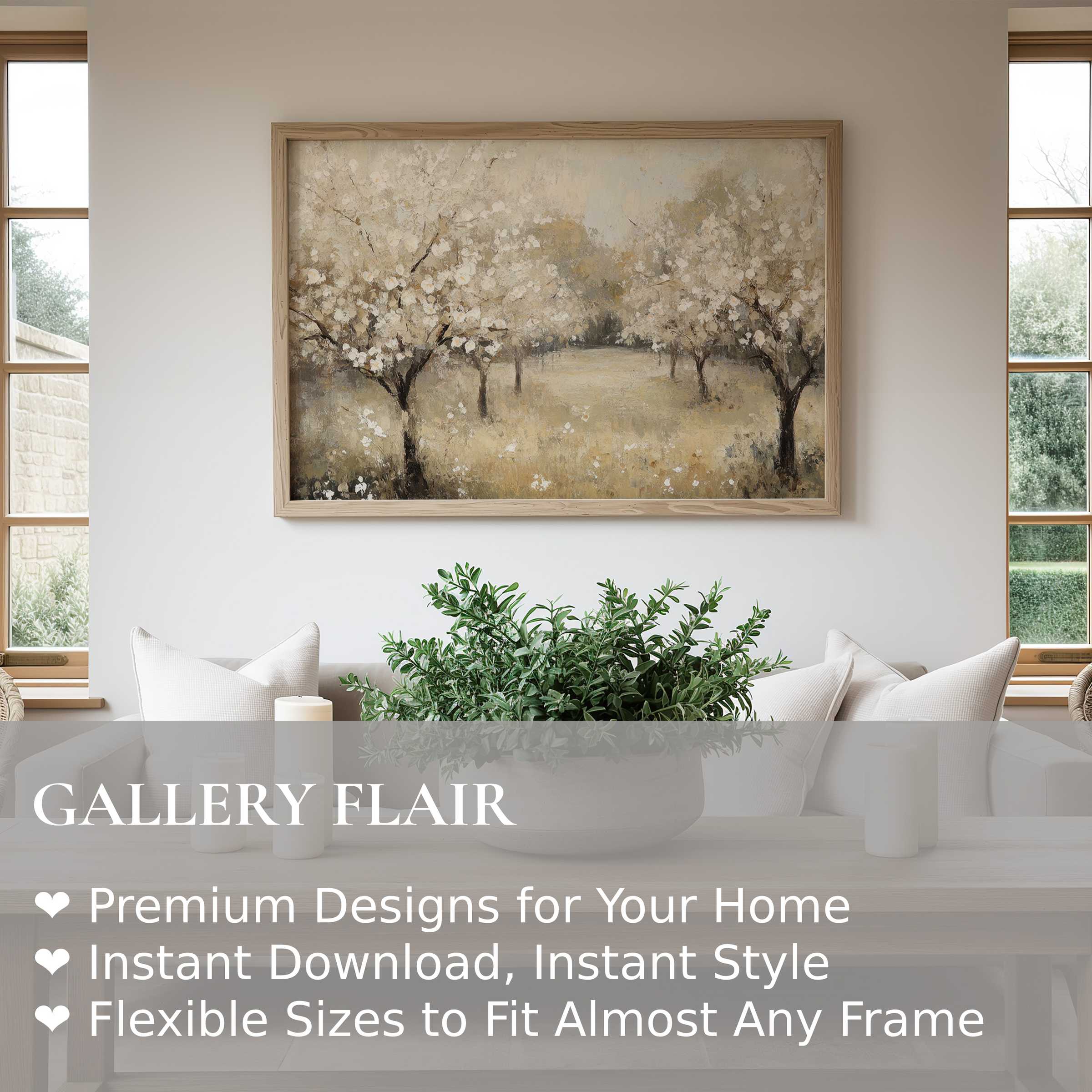 Vintage wall art print of serene blossoming trees in muted earth tones, enhancing a modern minimalist living room with calming, natural elegance