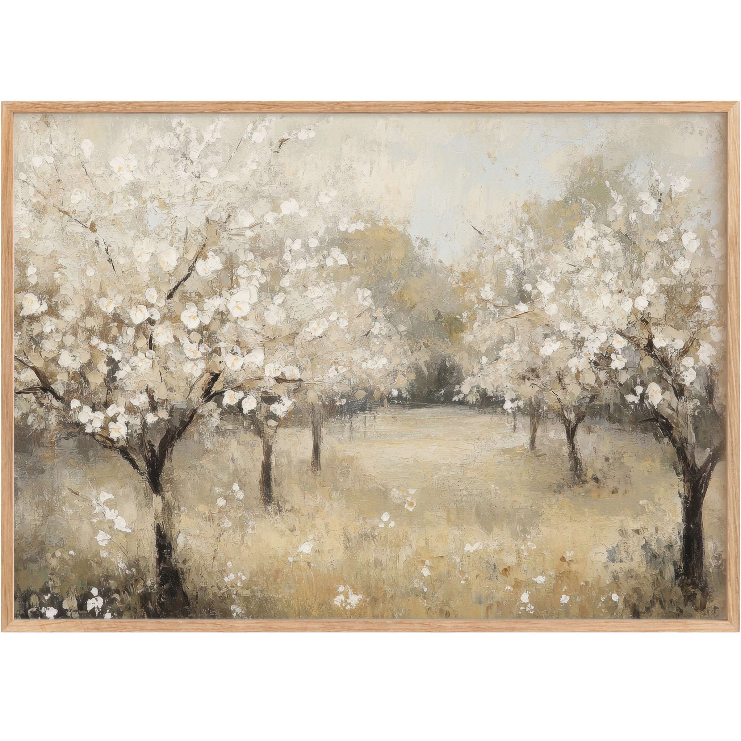 Vintage printable wall art capturing a serene orchard in soft creams and muted golds, evoking a warm, tranquil ambiance