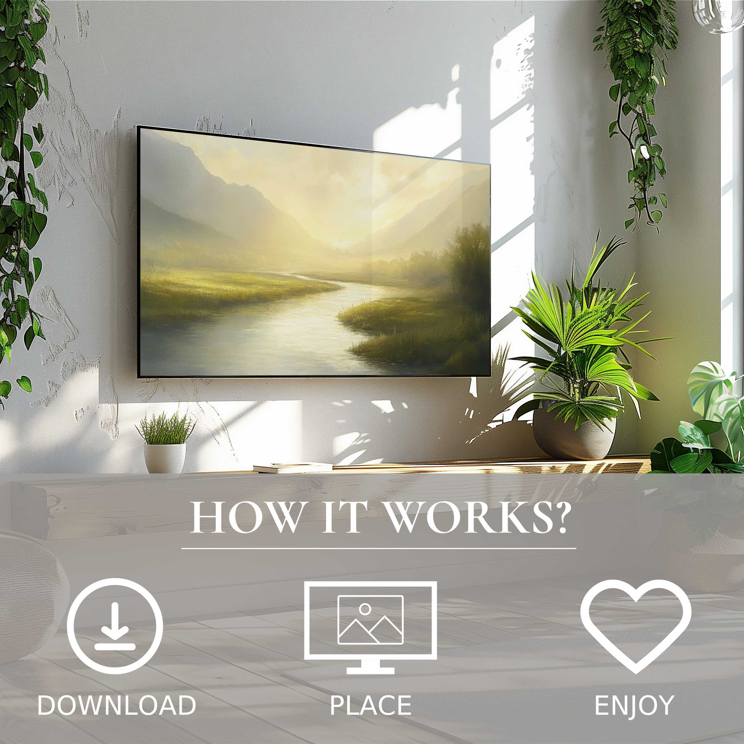 Modern living room with digital download landscape art for Samsung TV showing soft sunset tones enriching space