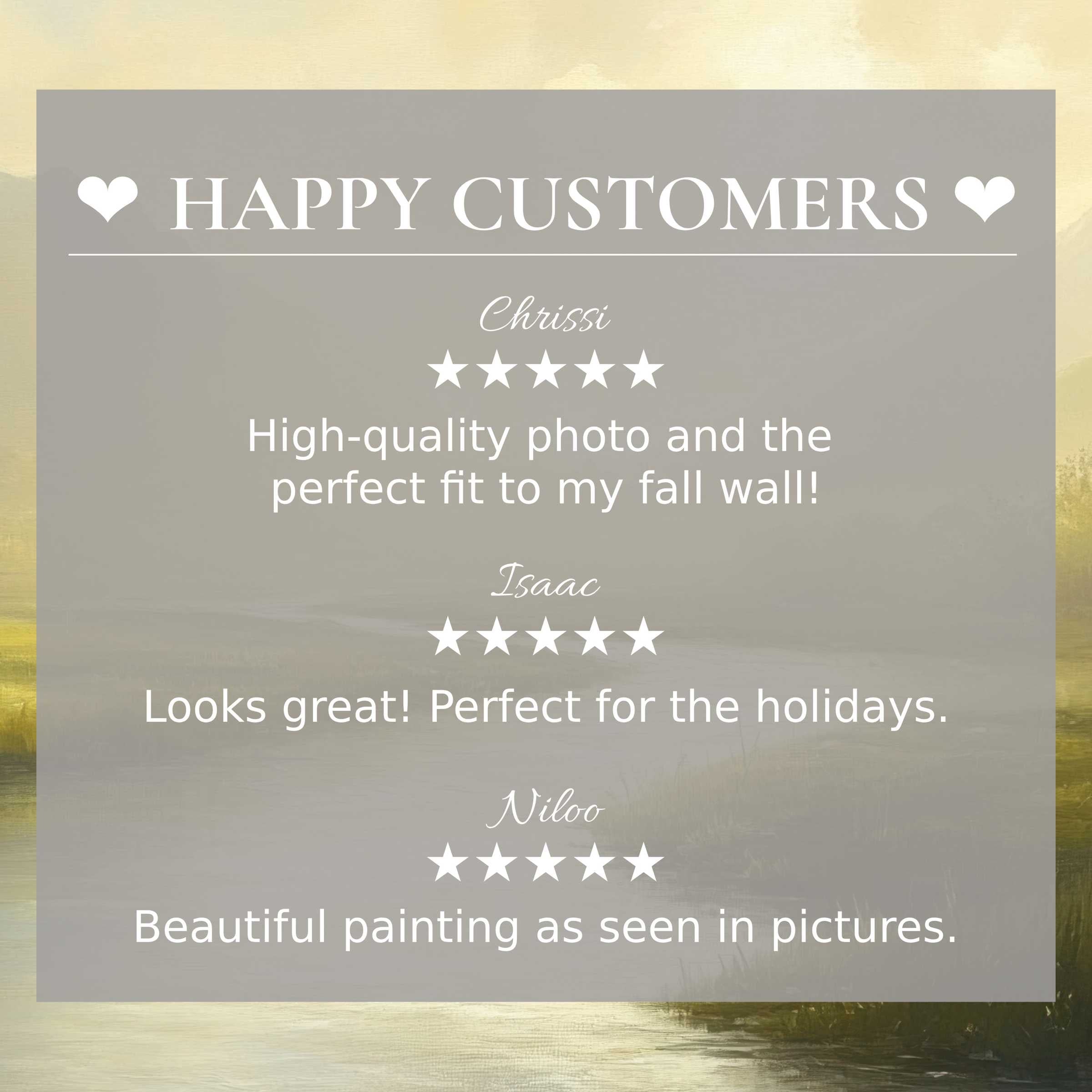 Refined landscape art for Frame TV with abstract sunset hues, showcasing happy customer praise and elegant trust-building design