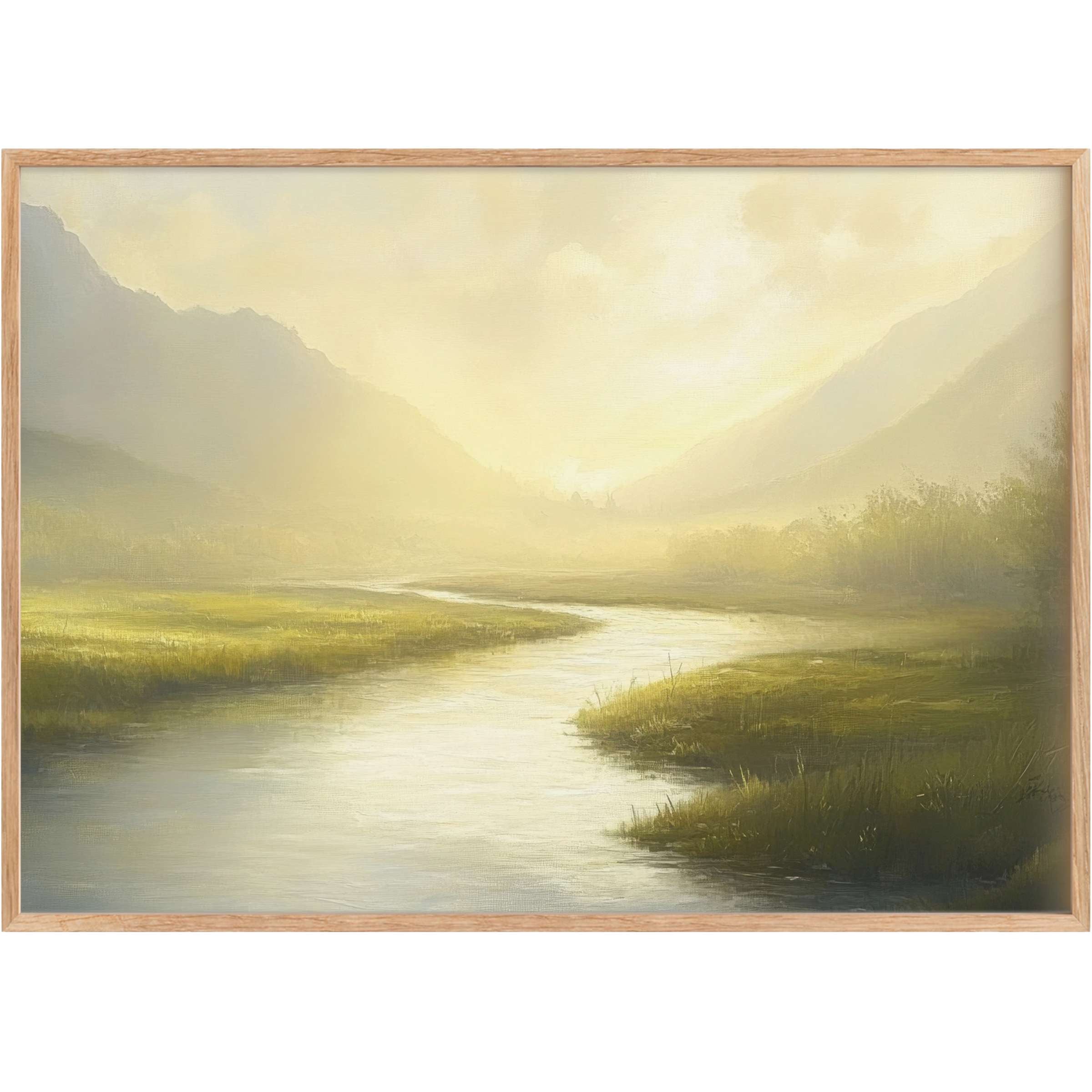 Serene landscape printable wall art with soft sunrise hues, misty mountains, and a tranquil river that elevates peaceful, elegant interiors