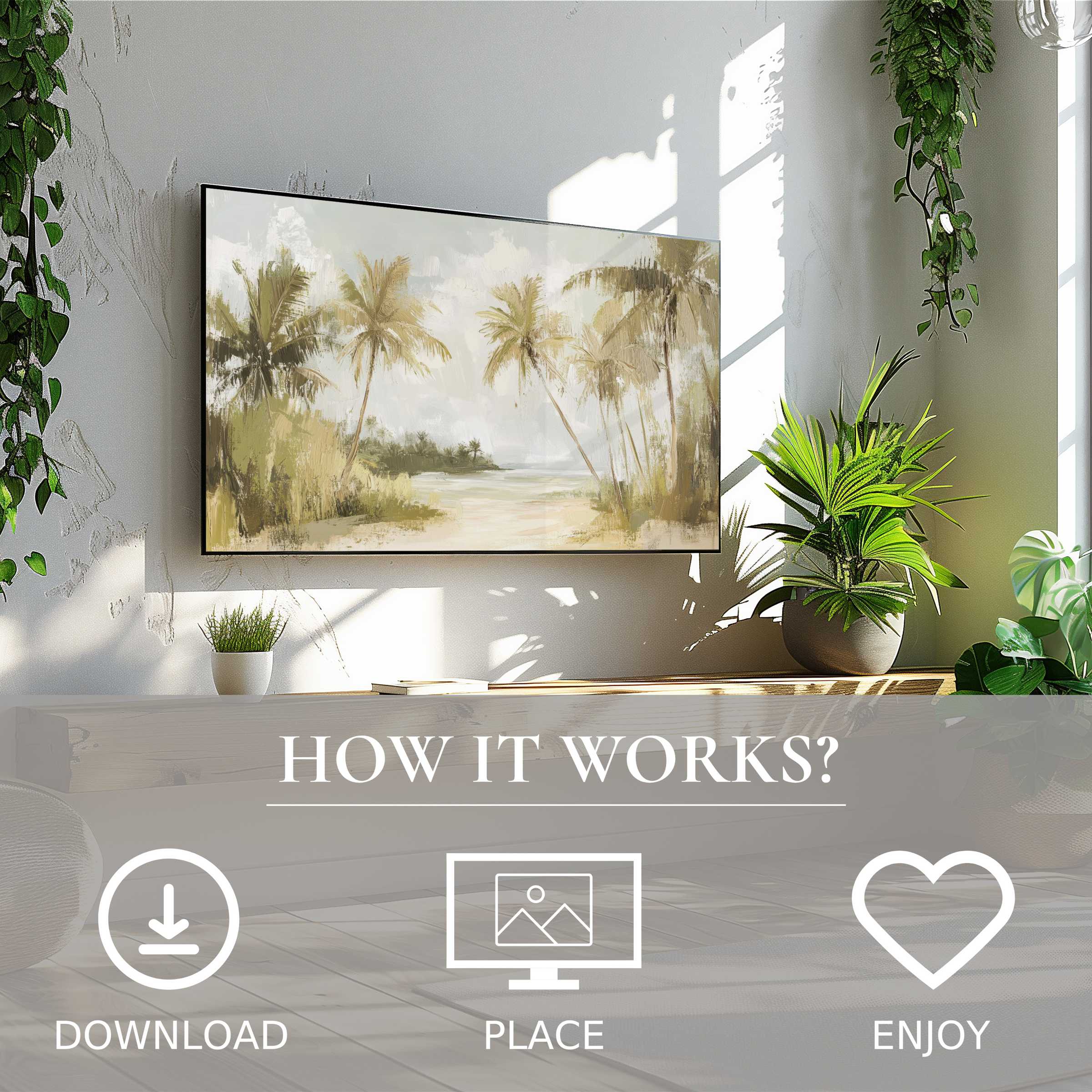 Modern living room with easy digital download tree art for Samsung TV showing soft sunset-toned palm trees motif