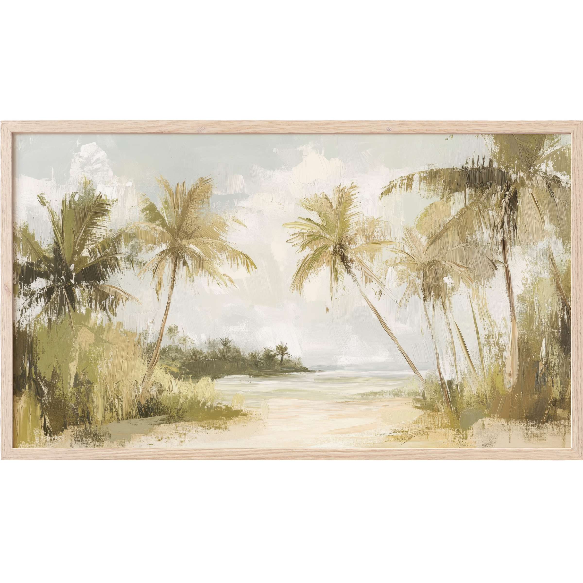 Serene coastal scene with palm trees in muted greens and beige tones, elegant tree Frame TV Art
