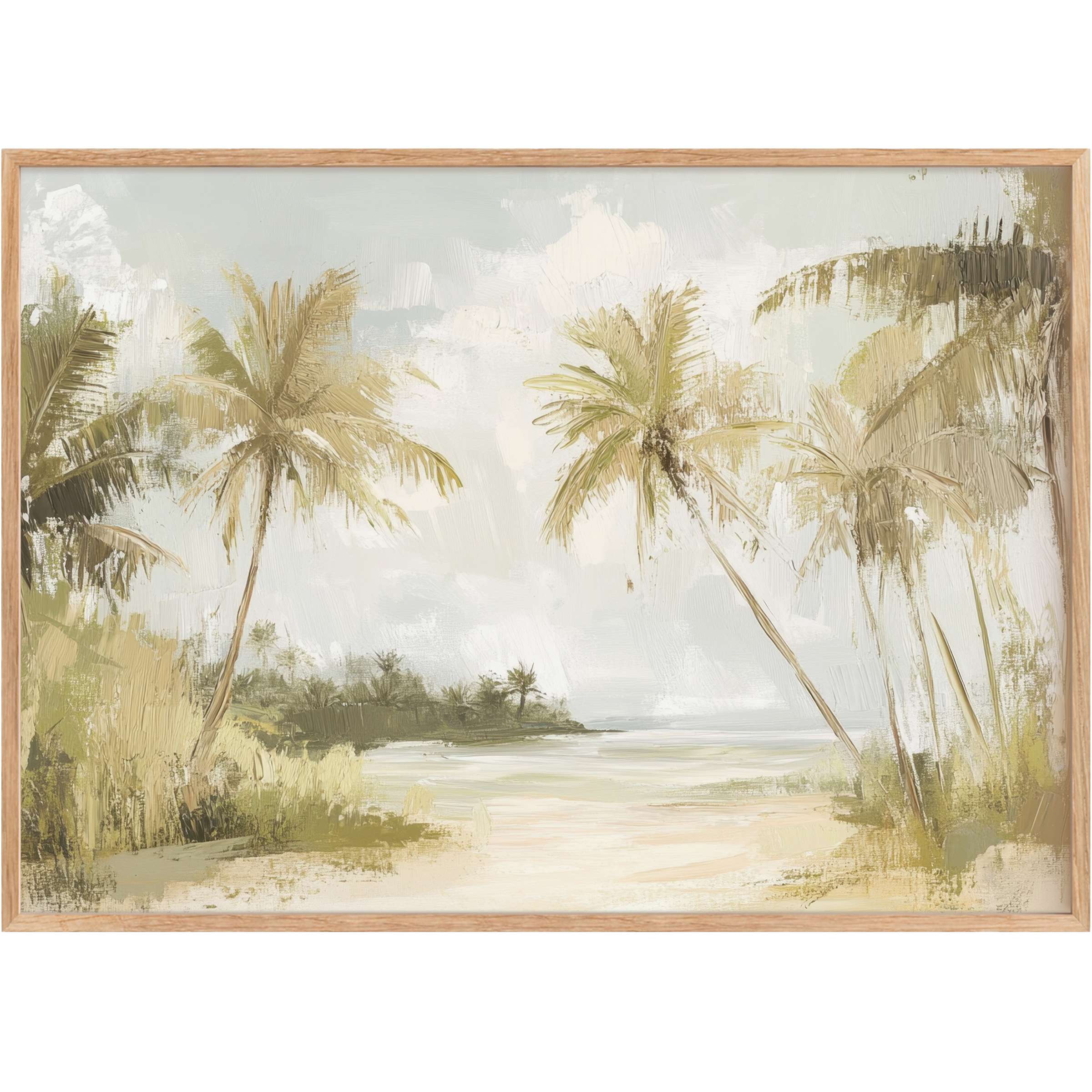 Serene tree printable wall art capturing soft sandy tones and muted greens, evoking a tranquil coastal escape vibe for refined spaces