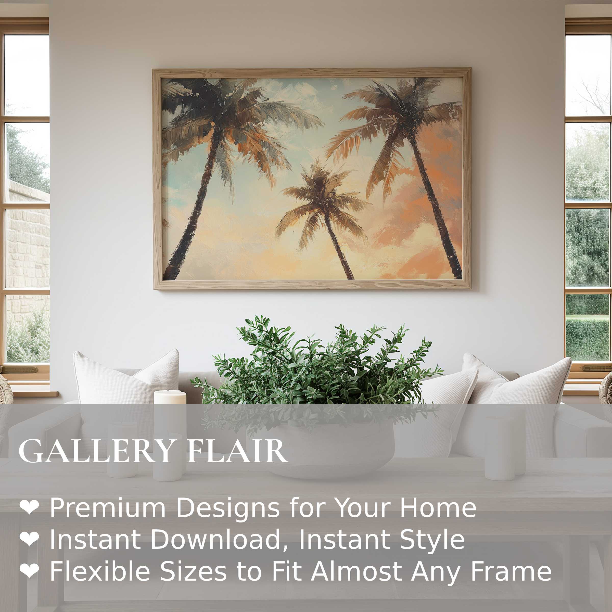 Beach wall art print with radiant palm silhouettes at sunset, elevating serene modern coastal interiors with warm, calming hues
