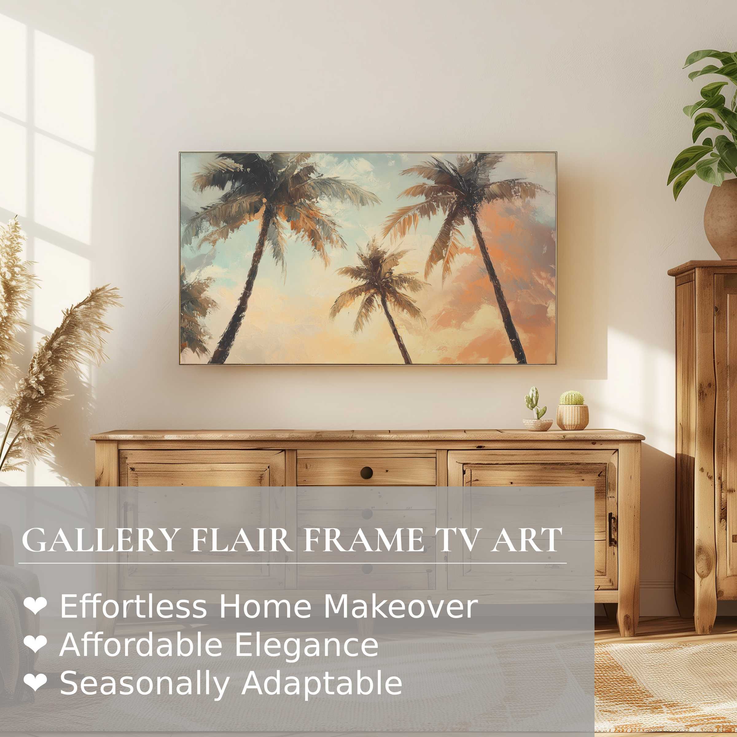 Samsung Frame TV displaying beach digital artwork with palm trees in a warm, modern living room setting