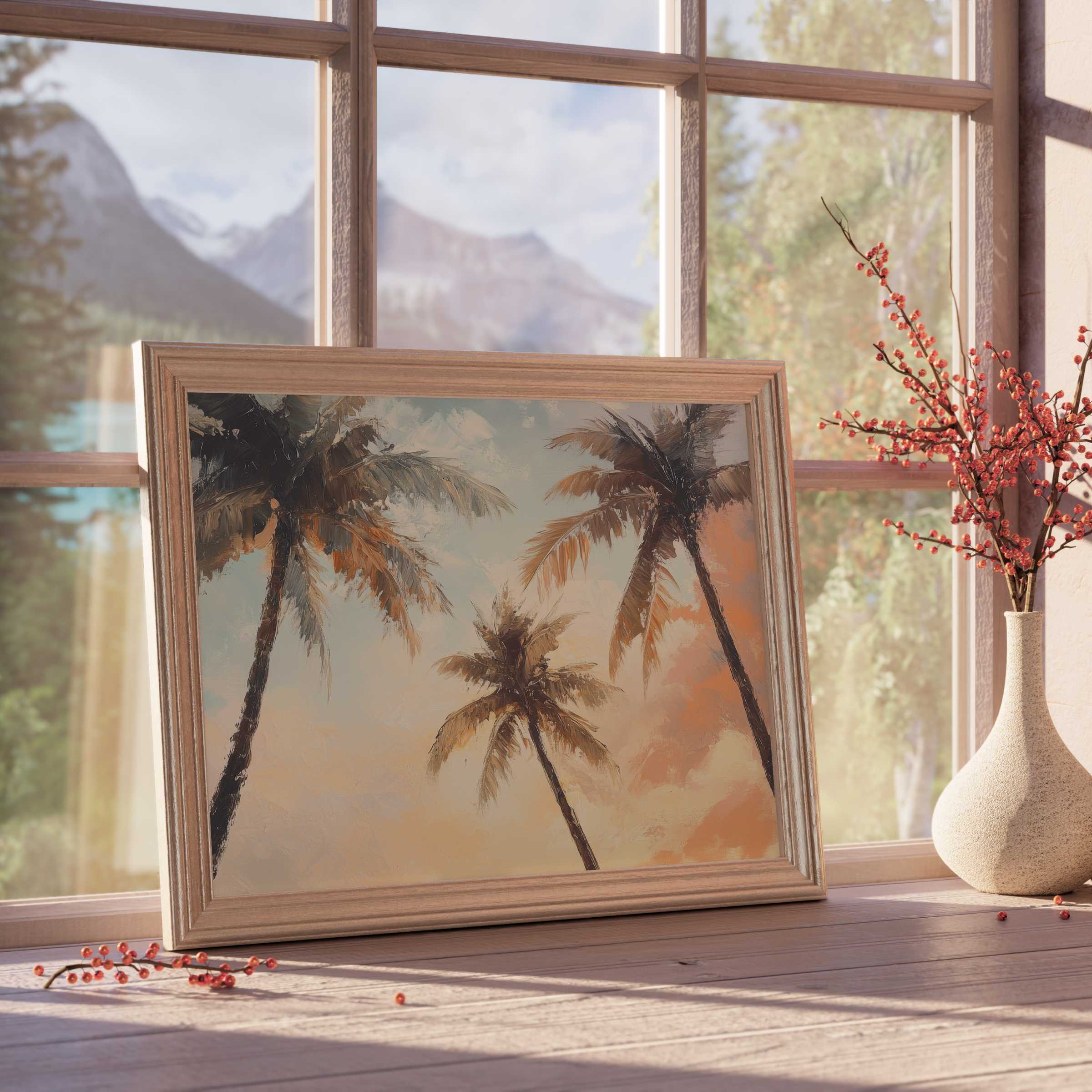 Elevate serene spaces with this beach downloadable art of sun-kissed palms, infusing warm coastal calm into refined, modern interiors