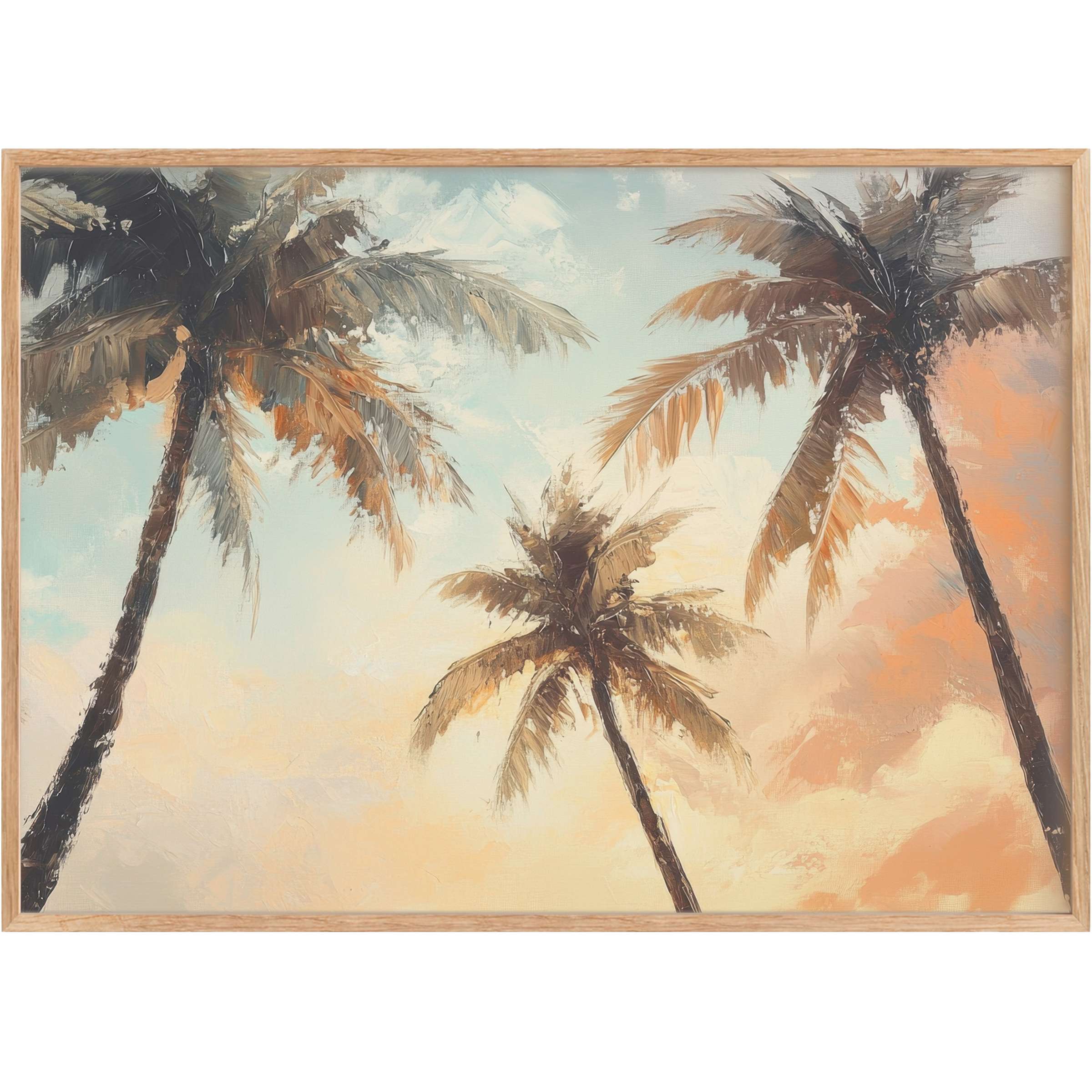 Tranquil beach printable wall art featuring swaying palm trees against pastel skies, evoking warm serenity and coastal elegance