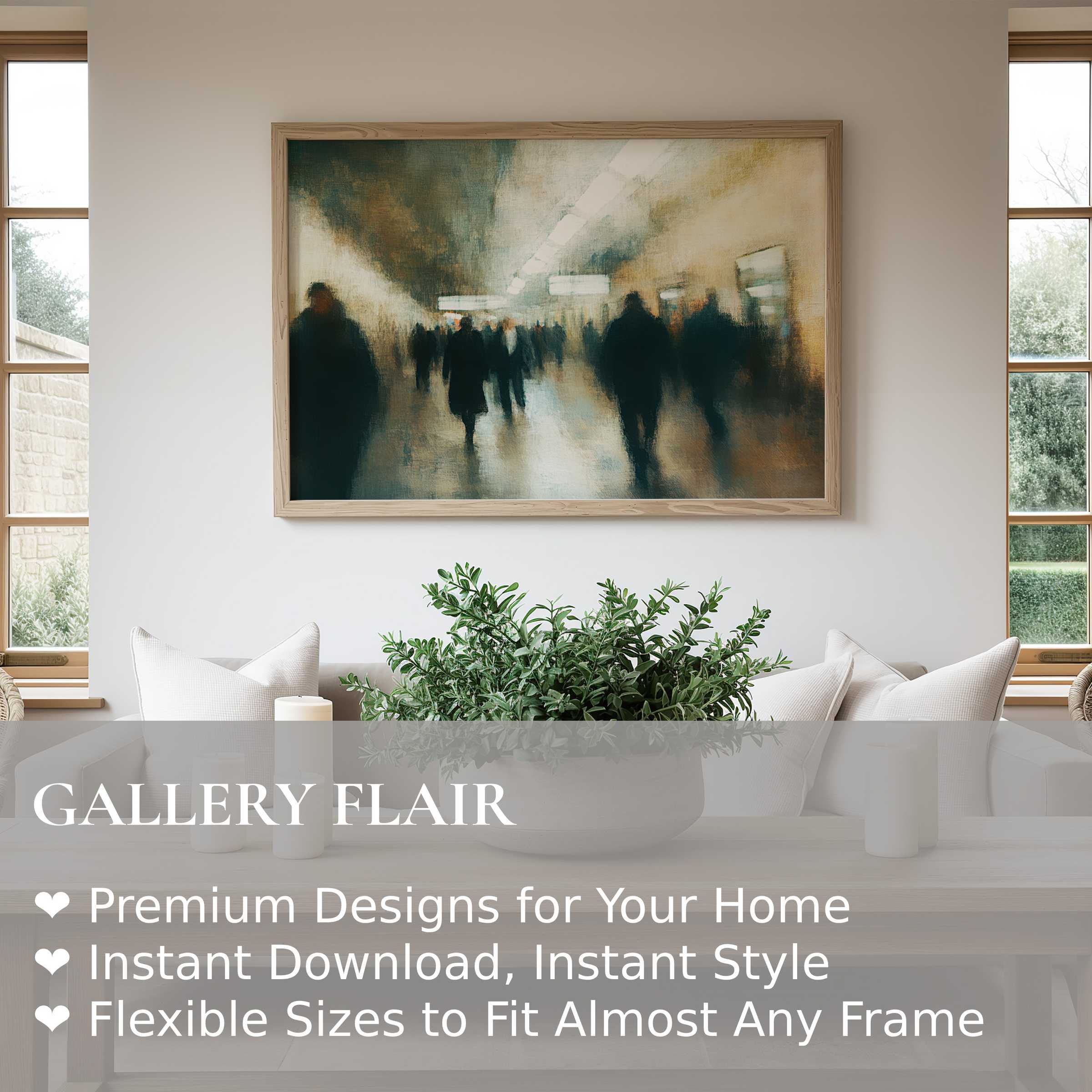 Urban art wall art print with a moody, atmospheric cityscape in a refined modern living room, enhancing minimalist elegance and calming ambiance