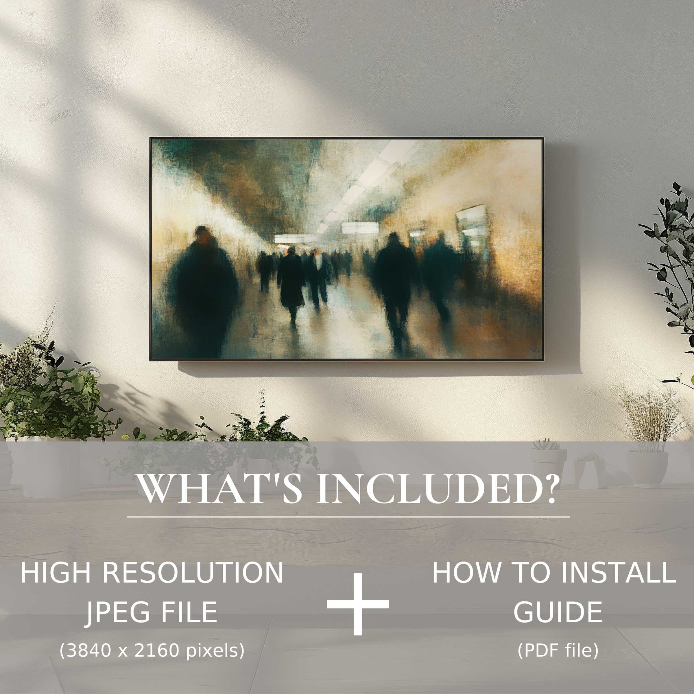 Urban digital TV art download showcasing blurred city commuters, easily enhancing modern living spaces with elegant digital use