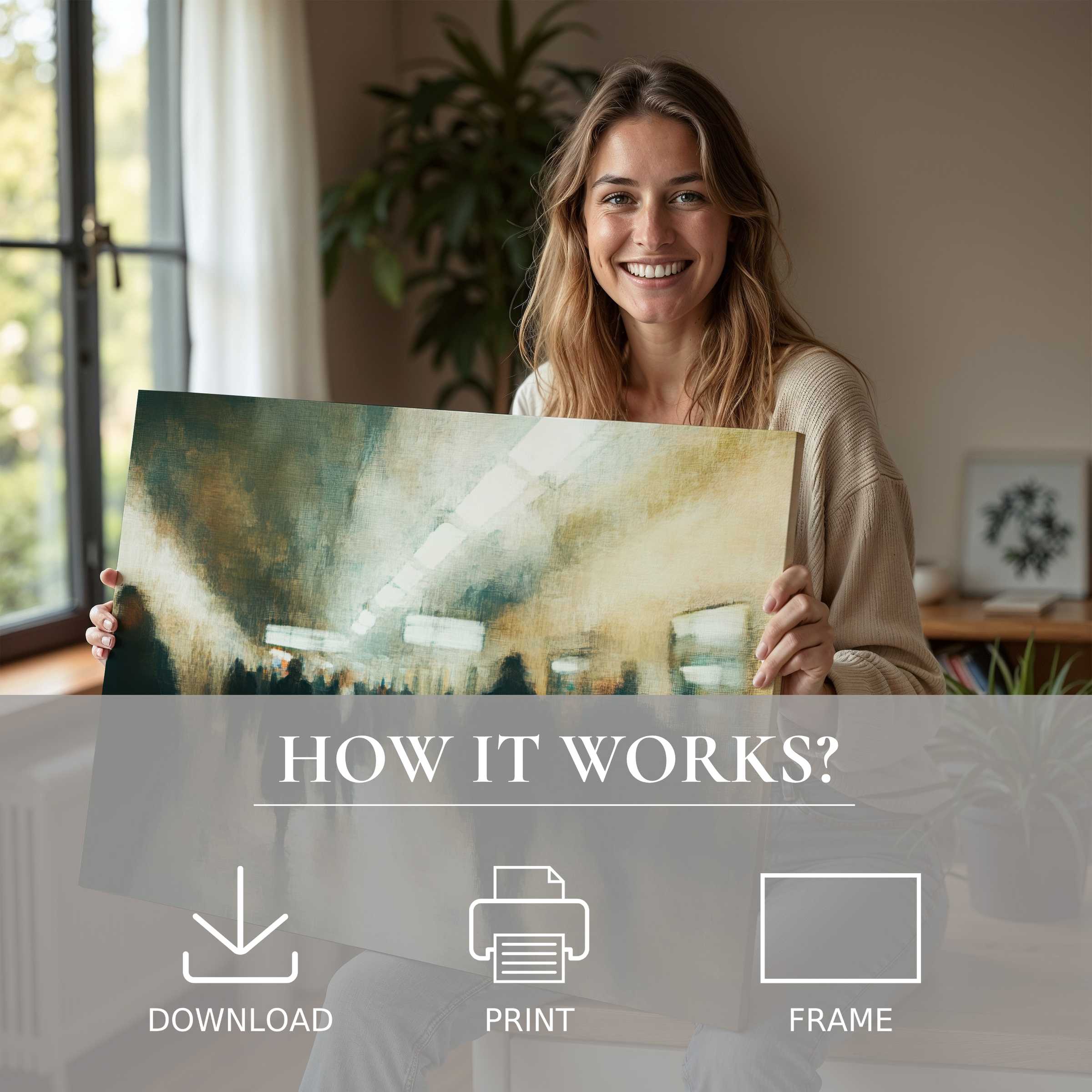 A joyful moment of serene connection with a soft-toned urban digital art print enhancing a chic modern home