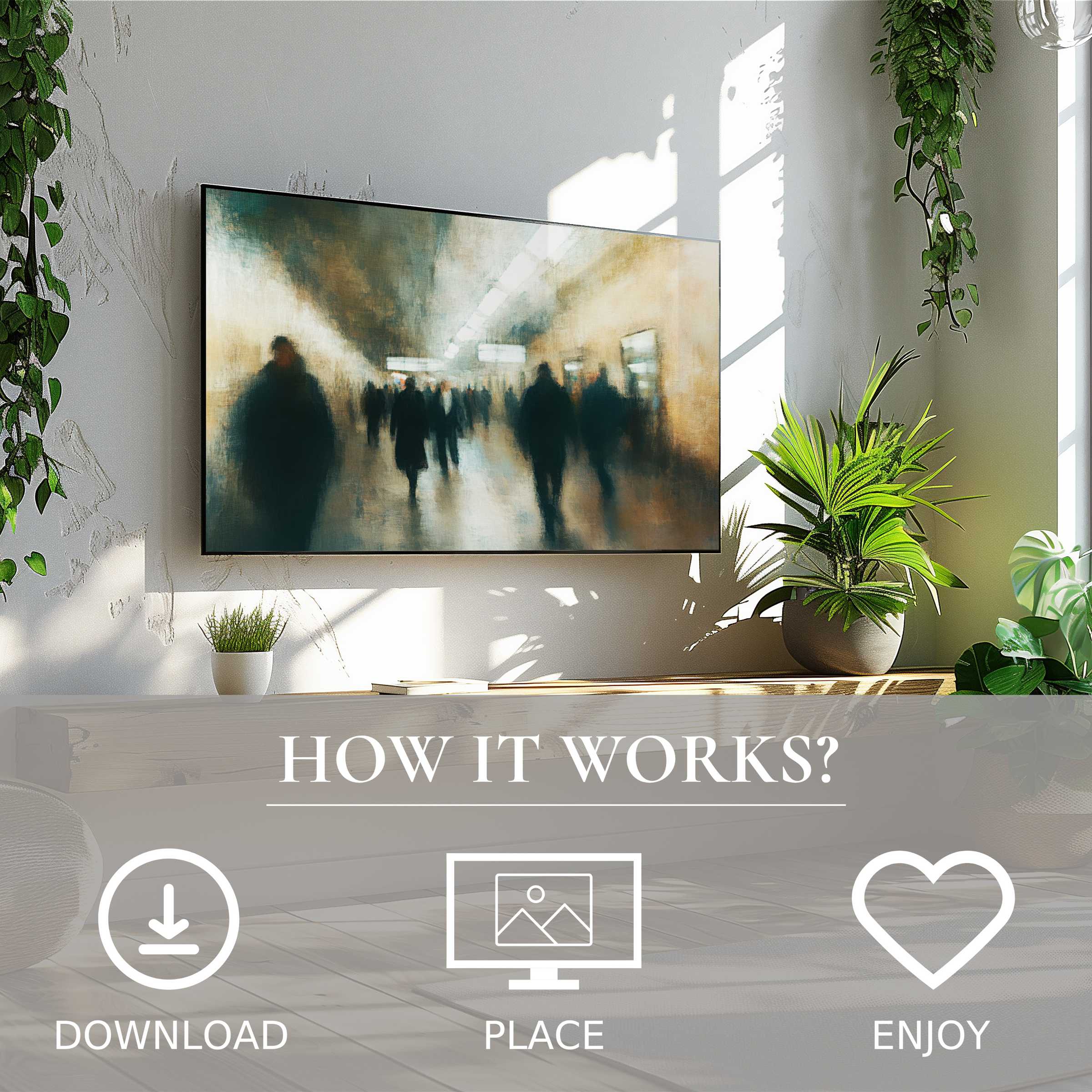 Modern living room with urban art for Samsung TV, featuring blurred cityscape motif, easy digital download, enriches space
