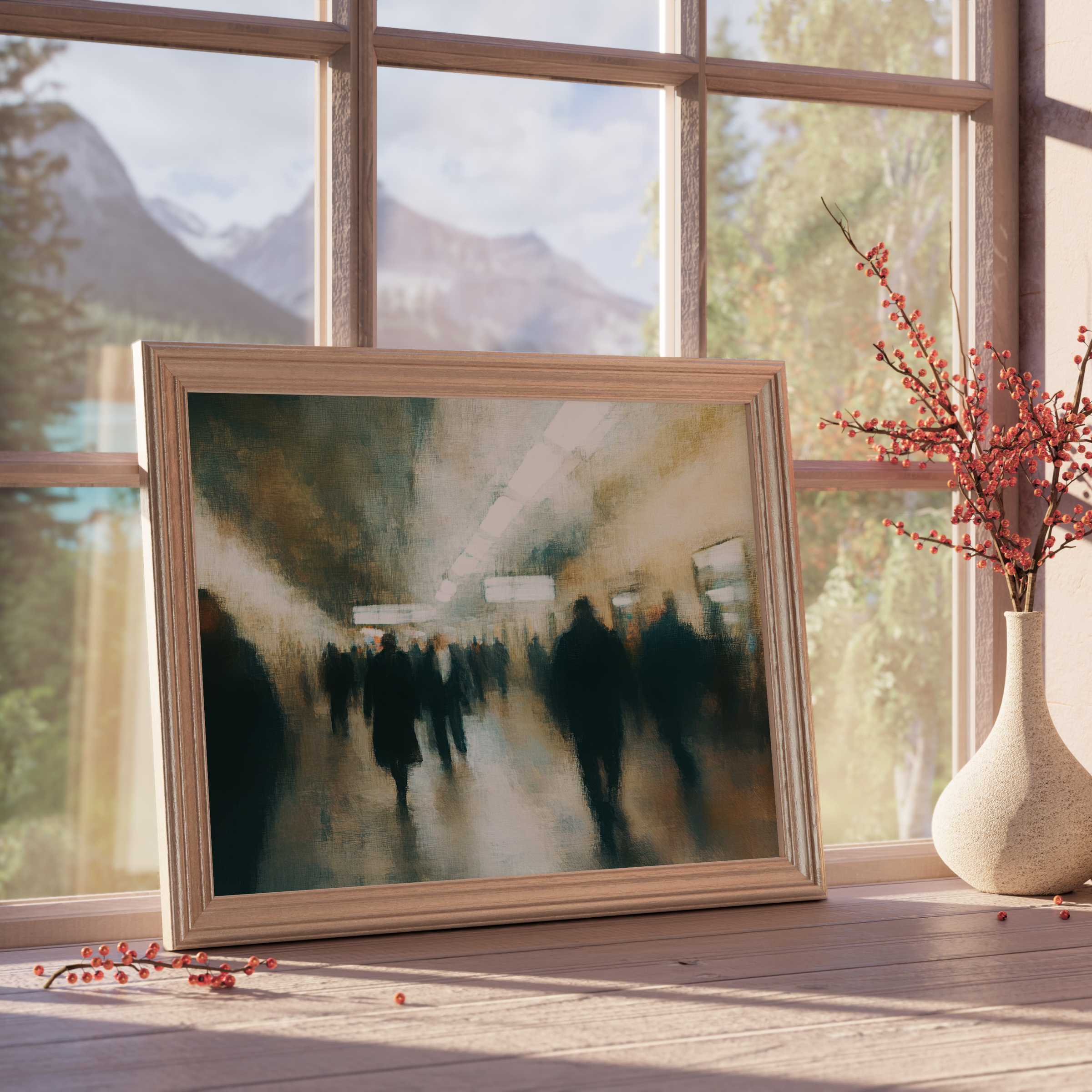 Urban downloadable art capturing the tranquil pulse of city life, enriching curated spaces with soft light and elegant motion