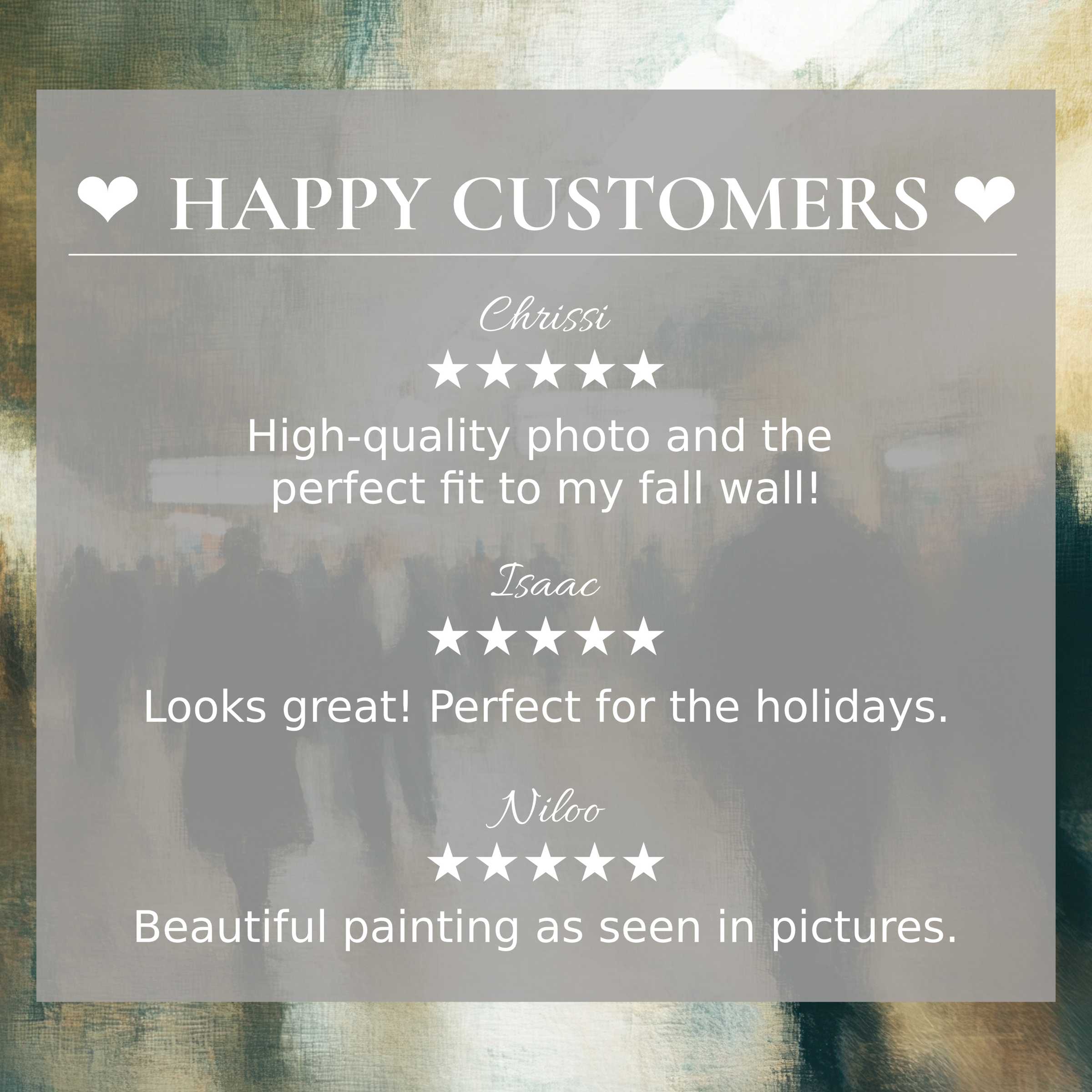 Urban art for Frame TV with abstract muted sunset tones, showcasing happy customer reviews and refined, elegant style