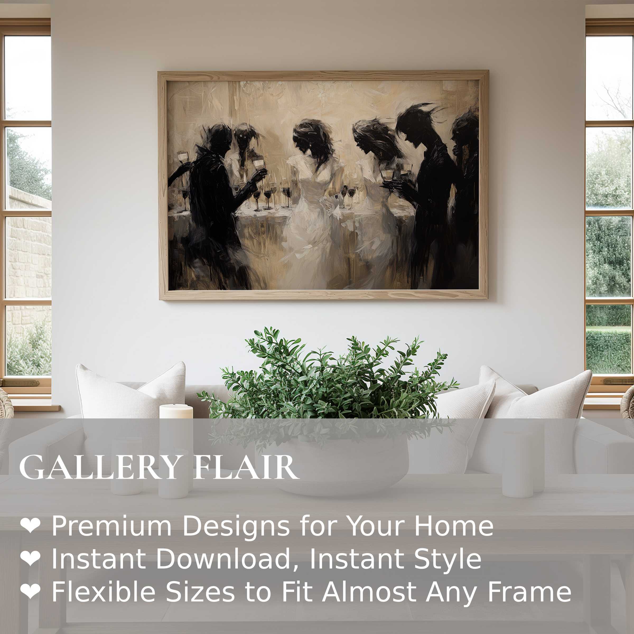 Sophisticated halloween wall art print showcasing elegant silhouettes in moody tones, enhancing contemporary minimalist interiors with bold, dramatic flair