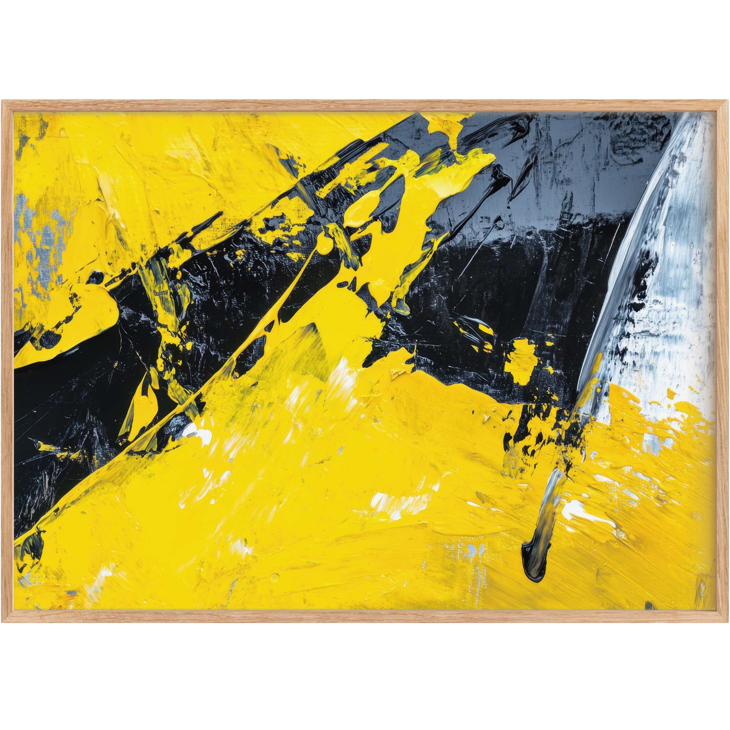Vibrant abstract printable wall art in bold yellows and deep blacks, radiating energy and modern sophistication for chic interiors