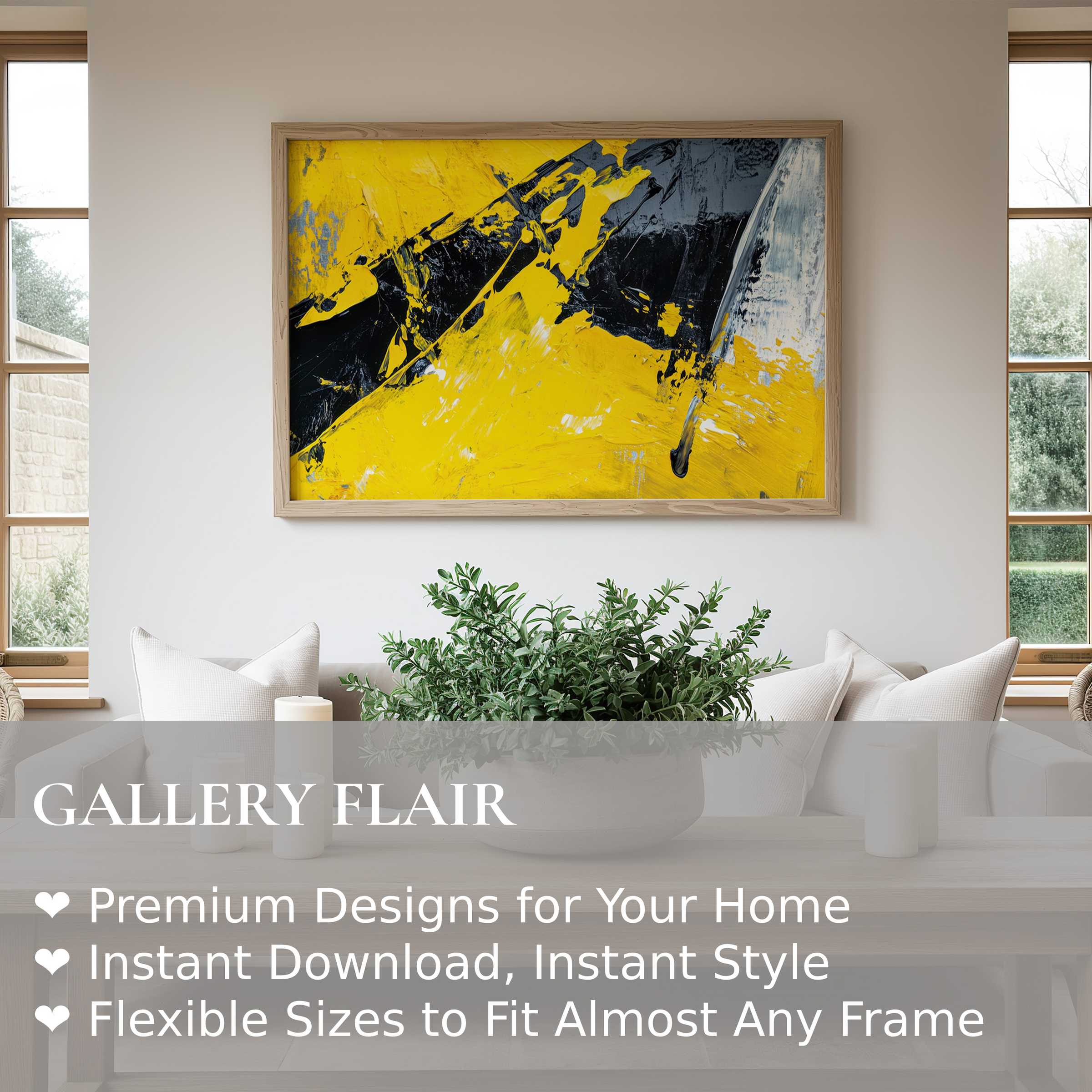 Bold abstract wall art print in vibrant yellow and black energizes a serene modern living space with dynamic, contemporary flair