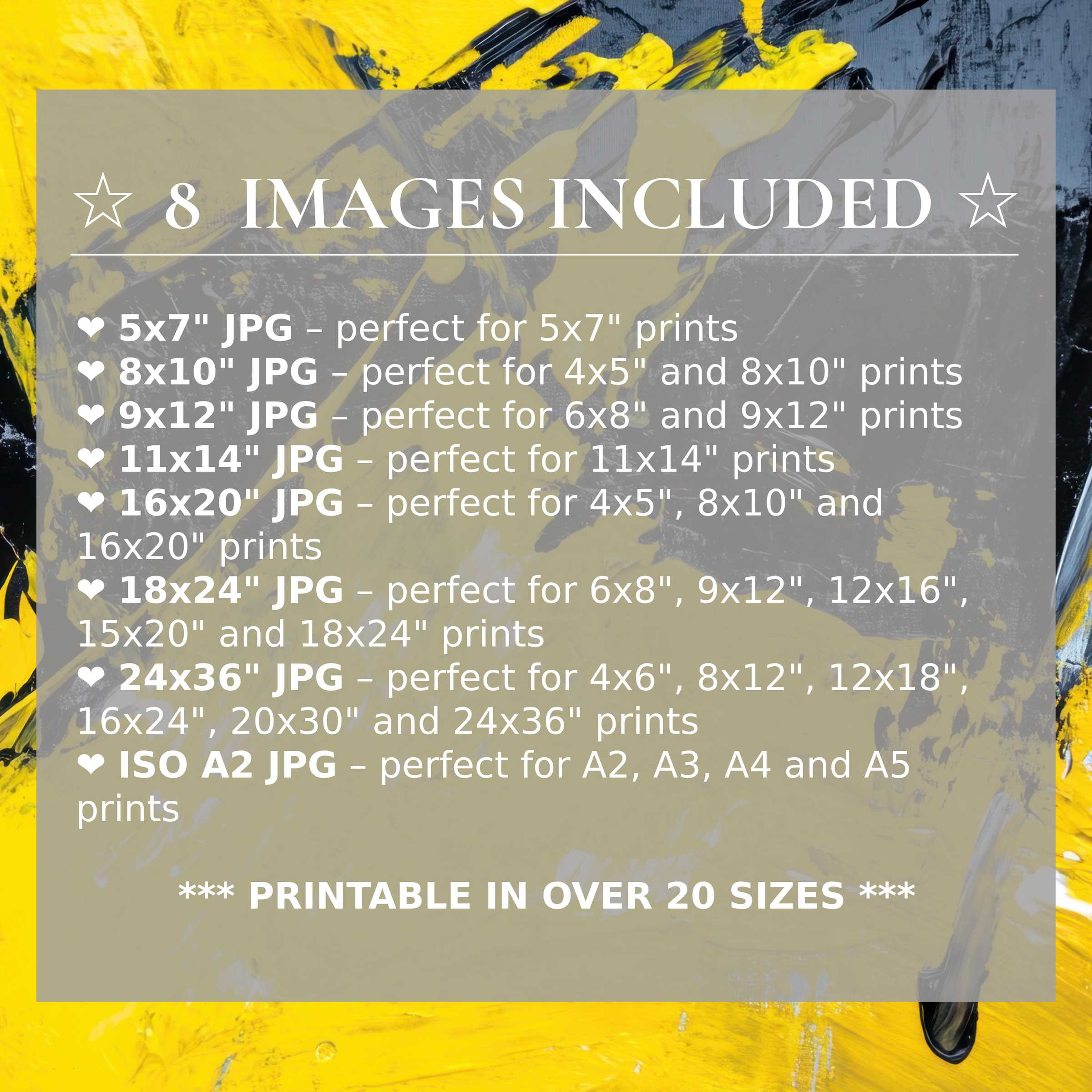 Radiant abstract digital print in bold yellow and deep gray tones, includes 8 high-quality sizes for versatile modern decor