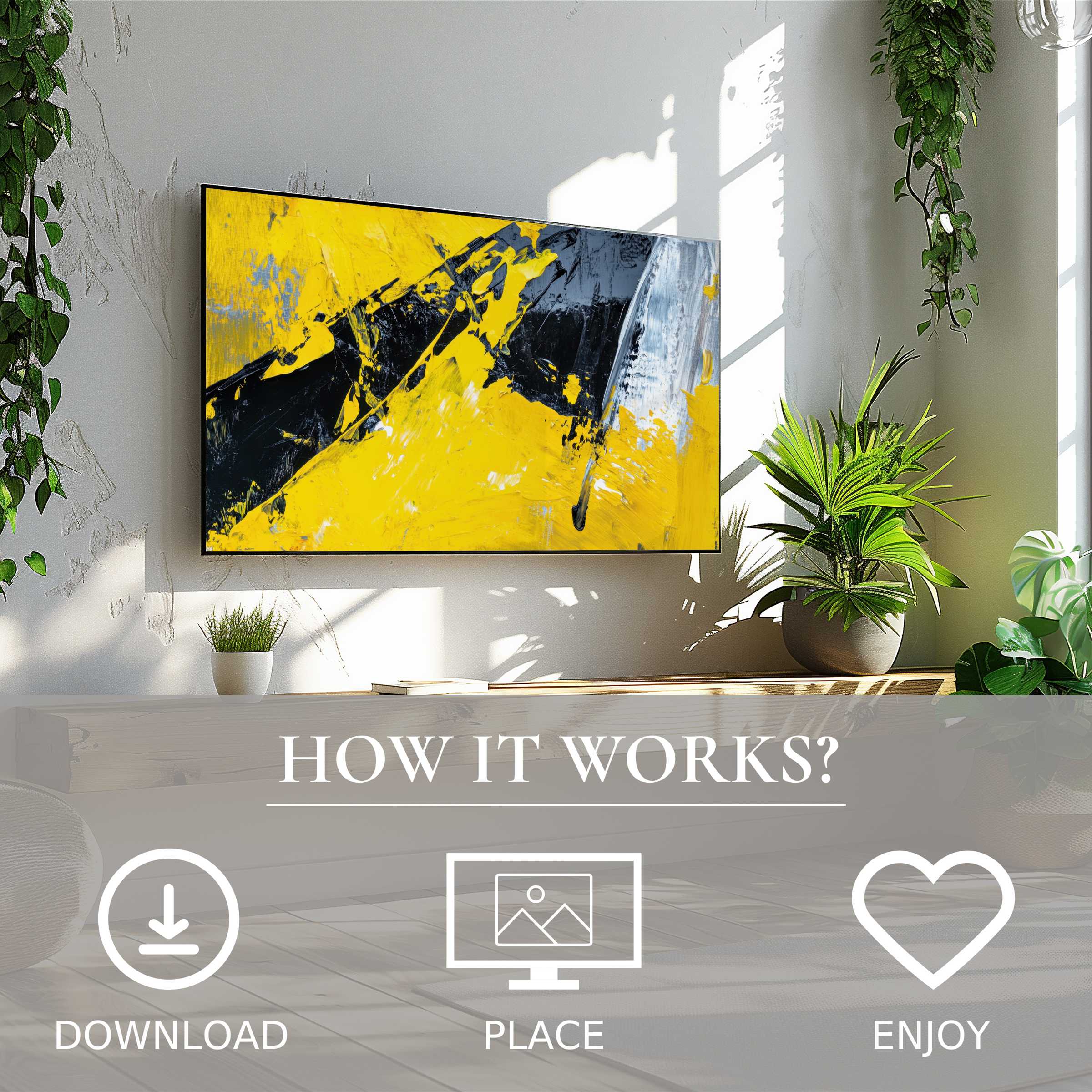 Bright yellow and black abstract art for Samsung TV, easy digital download, elevates modern living room style