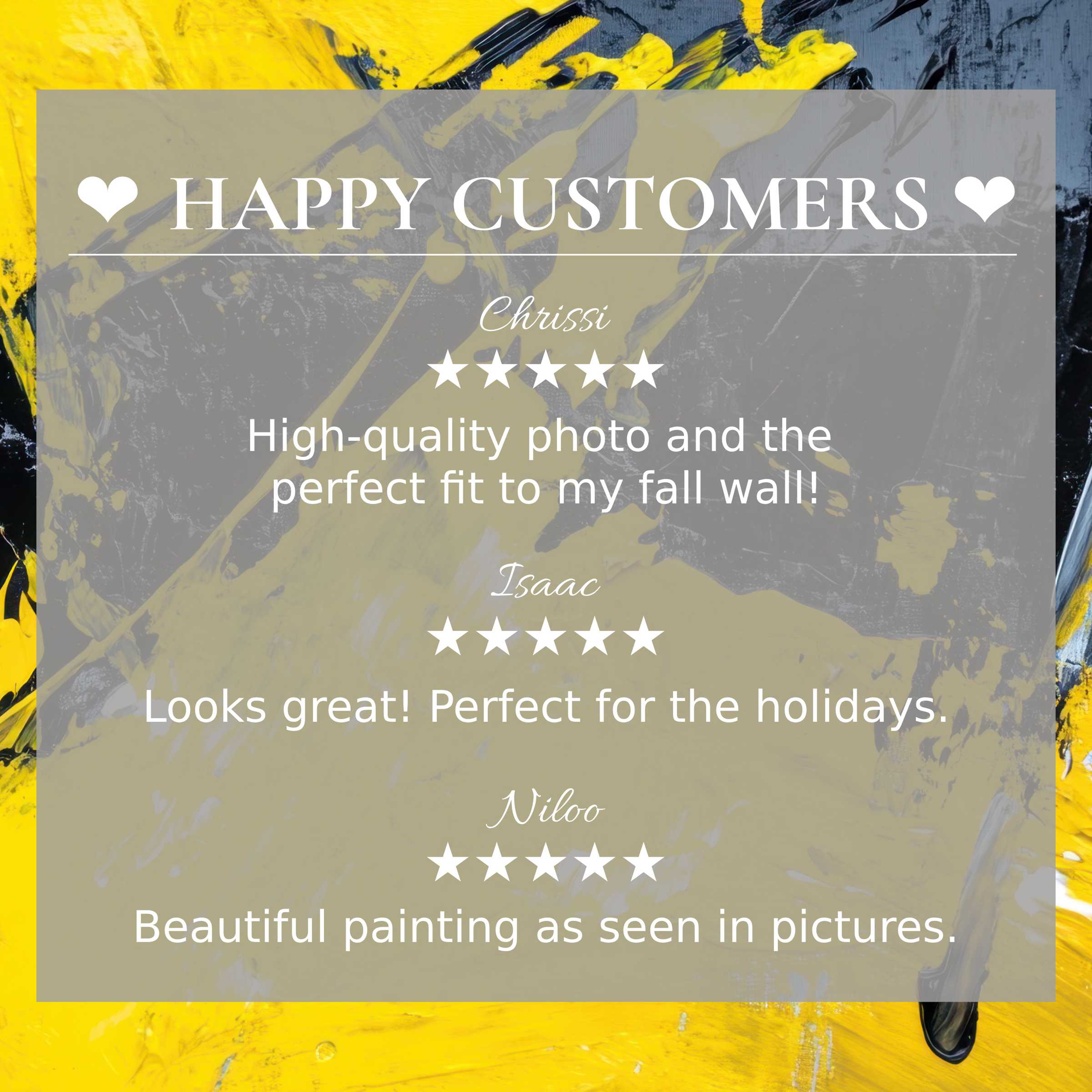 Abstract art for Frame TV with vibrant yellow and gray strokes, showcasing happy customer reviews building trust and elegance