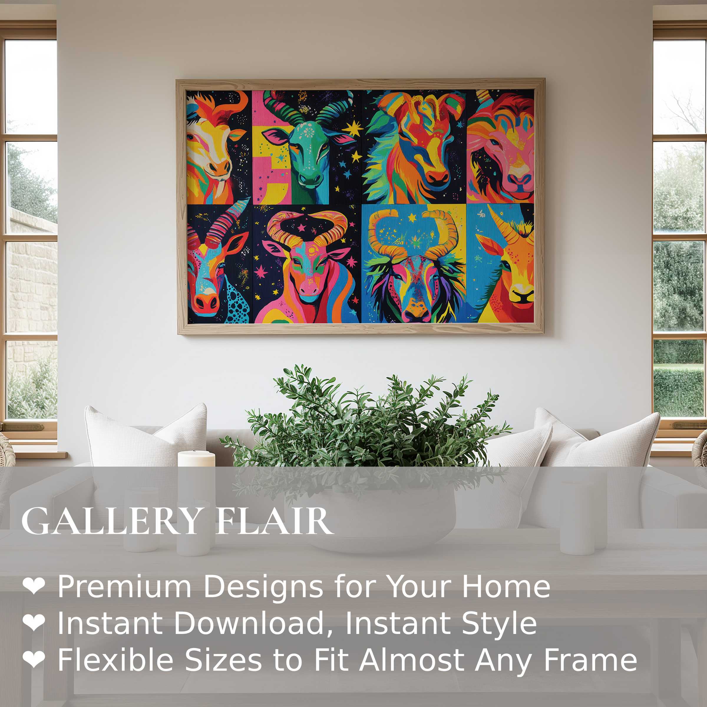 Vibrant pop art wall art print featuring colorful, bold animal portraits, enhancing modern minimalist interiors with dynamic, playful energy
