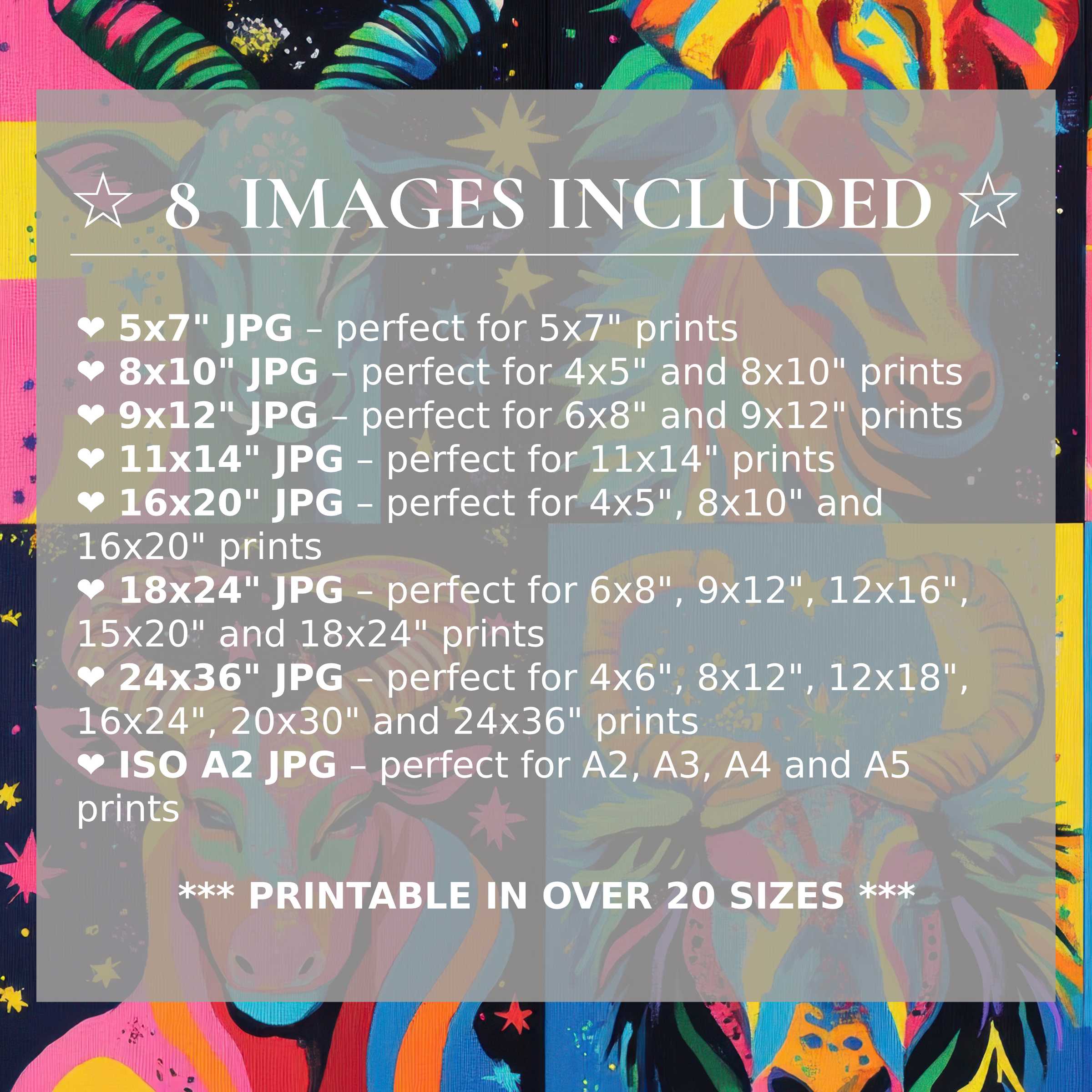 Pop art digital print radiates vivid blues, pinks, and yellows, included in 8 high-quality sizes, elevating modern interiors with bold, versatile style