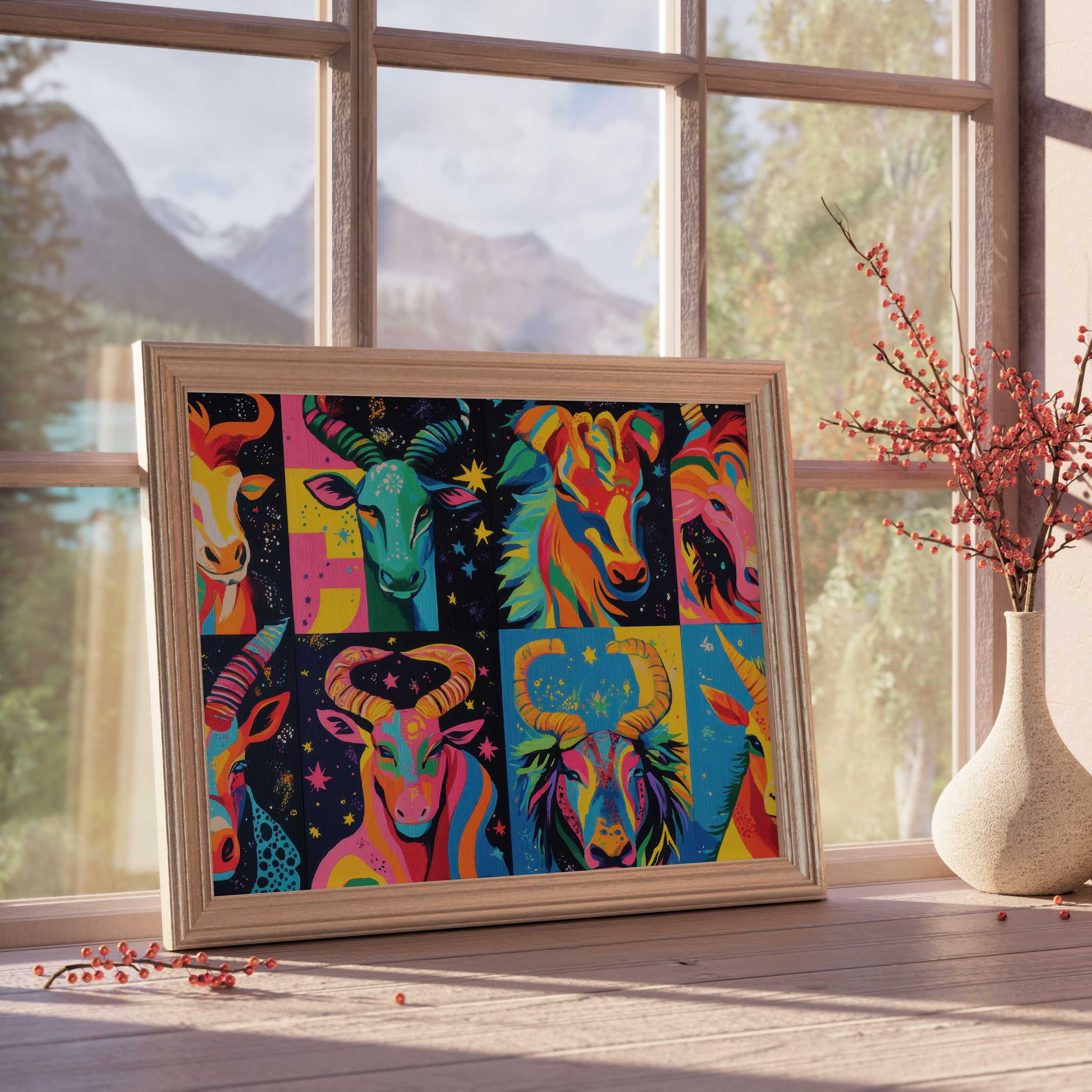 Vibrant pop art downloadable art featuring bold, celestial-hued wildlife portraits, elevating curated modern interiors with dynamic color and cosmic charm