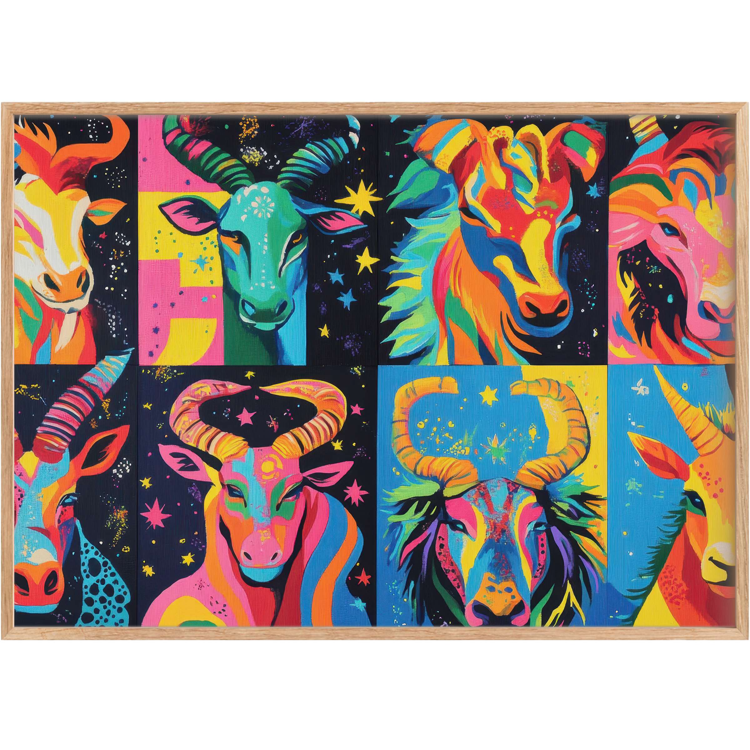 Vivid pop art printable wall art featuring bold, multicolored rams and goats radiates energetic charm and playful elegance