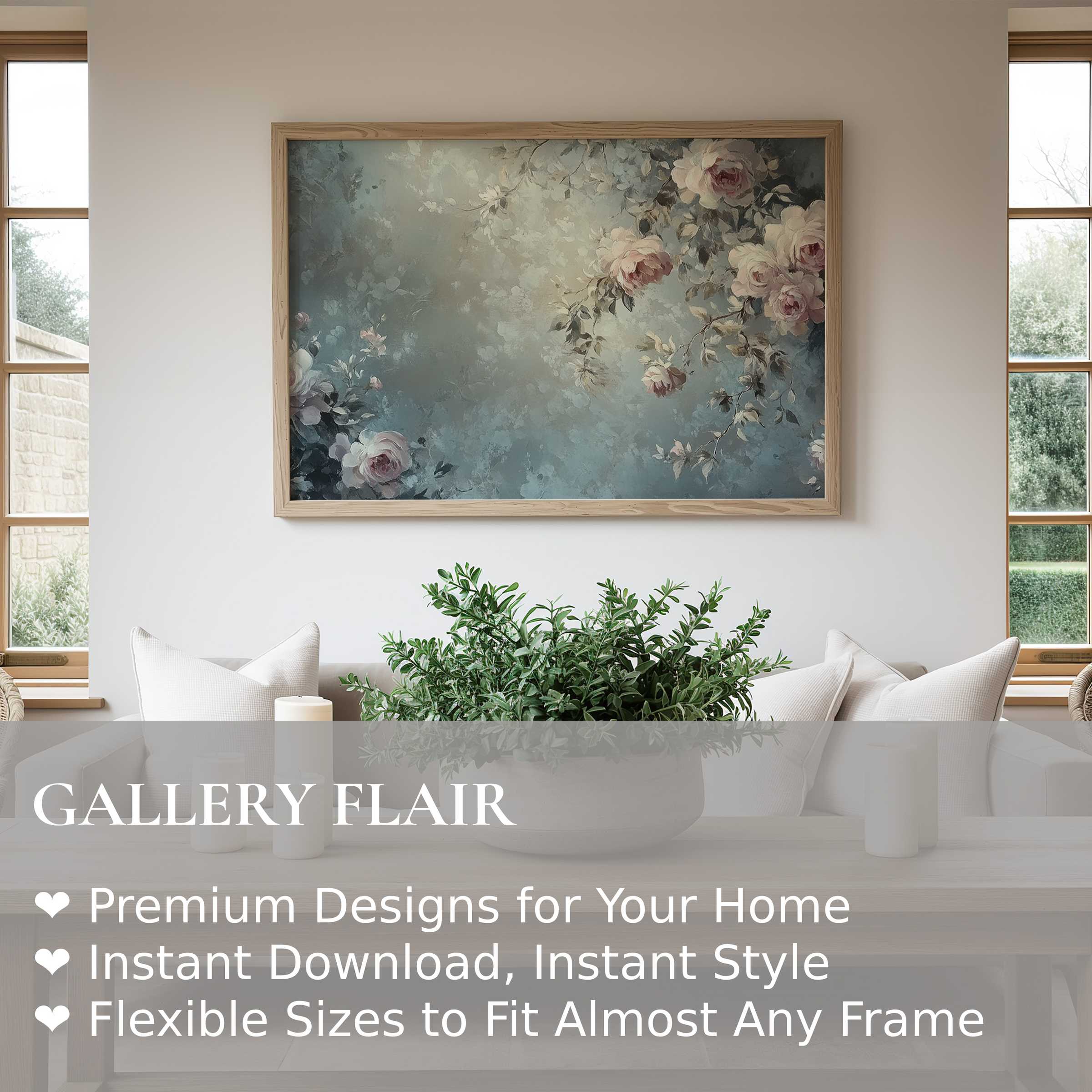 Botanical wall art print with soft blush roses and muted blue-green tones, elevating minimalist, modern interiors with calming elegance and timeless charm