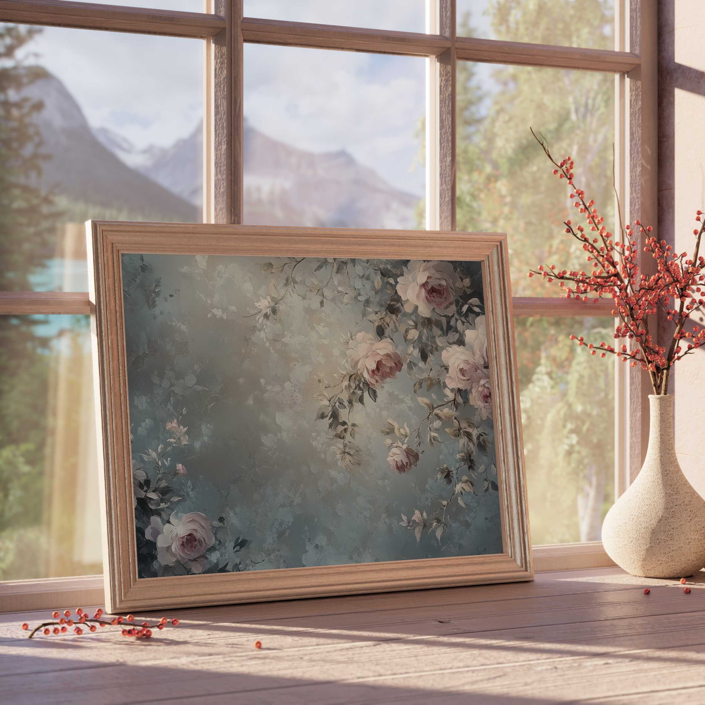 Botanical downloadable art featuring soft vintage roses in muted tones, elevating tranquil, curated interiors with timeless elegance