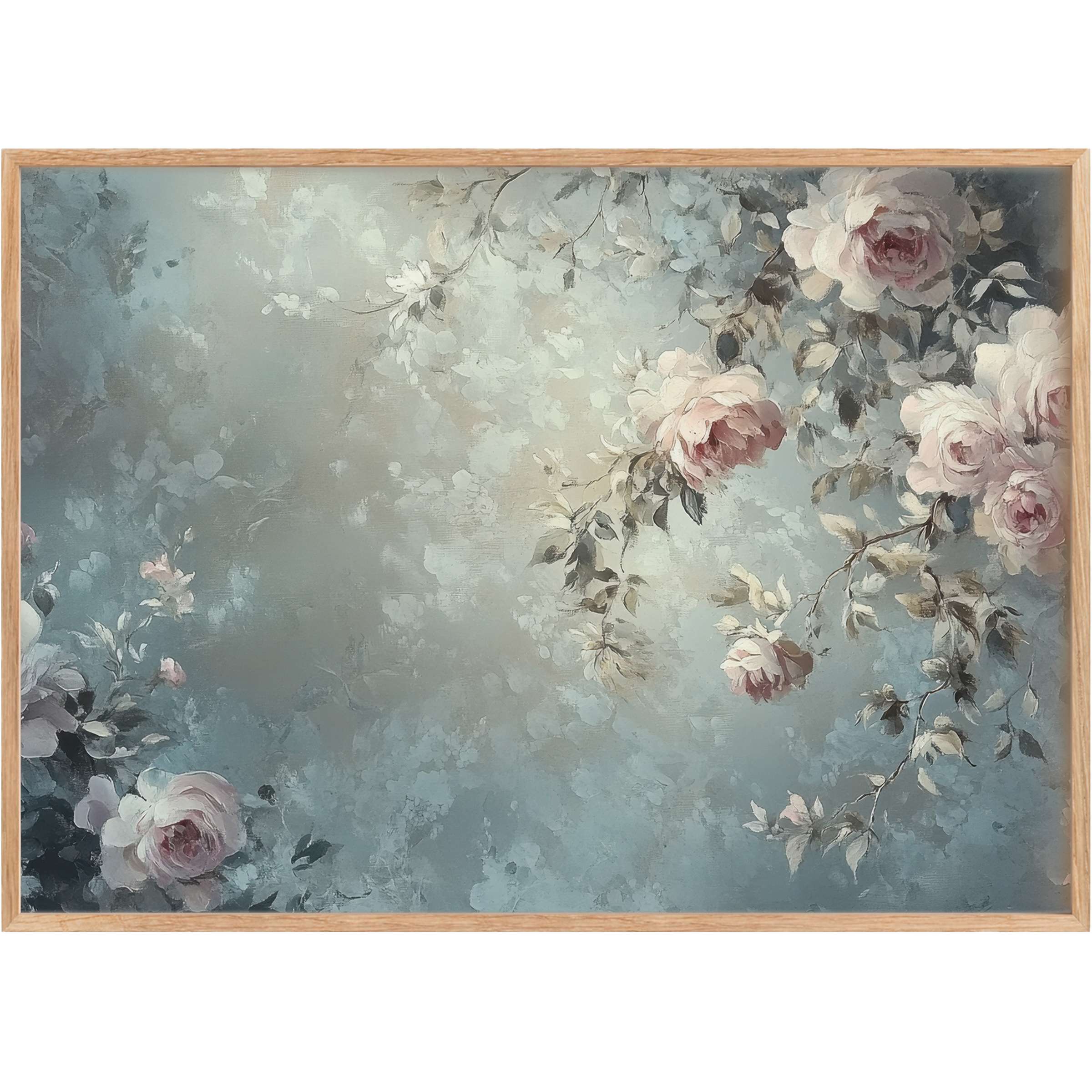 Ethereal botanical printable wall art with soft pink roses and muted blues, evoking a serene, timeless elegance for chic interiors