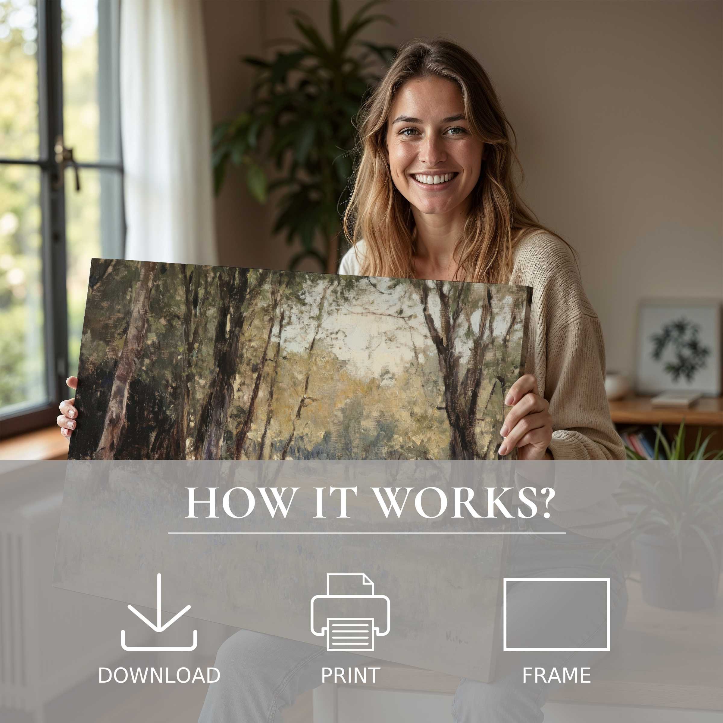 A joyful woman reveals a spring digital art print, inviting serene elegance and effortless artful living in a modern home