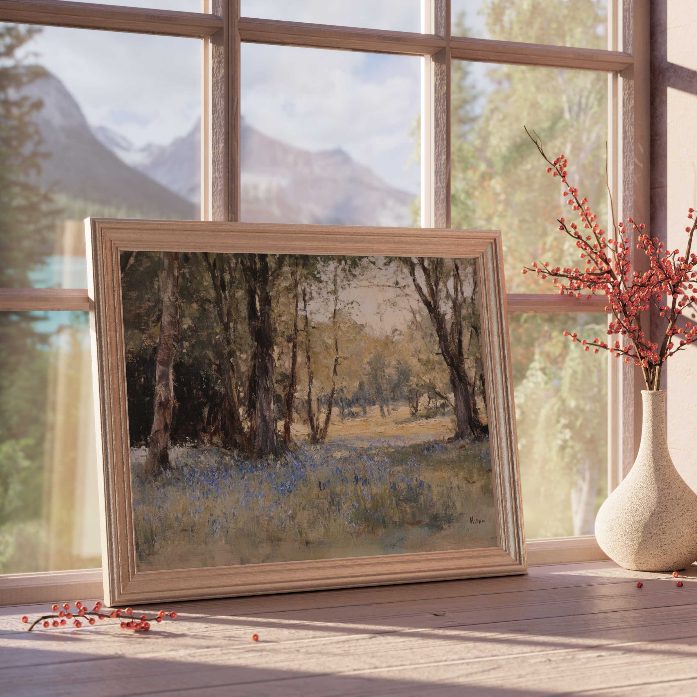 Elegant spring downloadable art capturing serene woodland light and soft wildflowers, enhancing tranquil, curated interiors with timeless charm