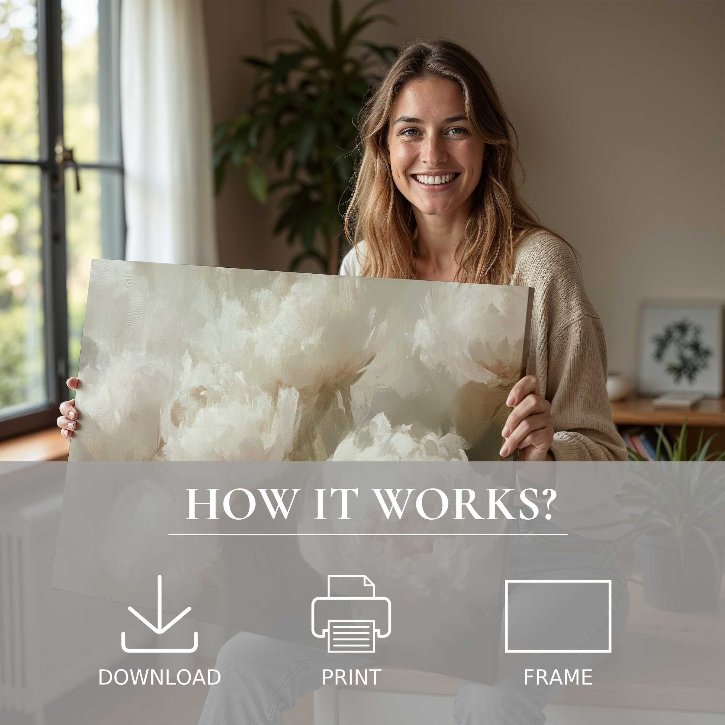 A serene moment in a modern home, where floral digital art print radiates warmth, joy, and effortless style