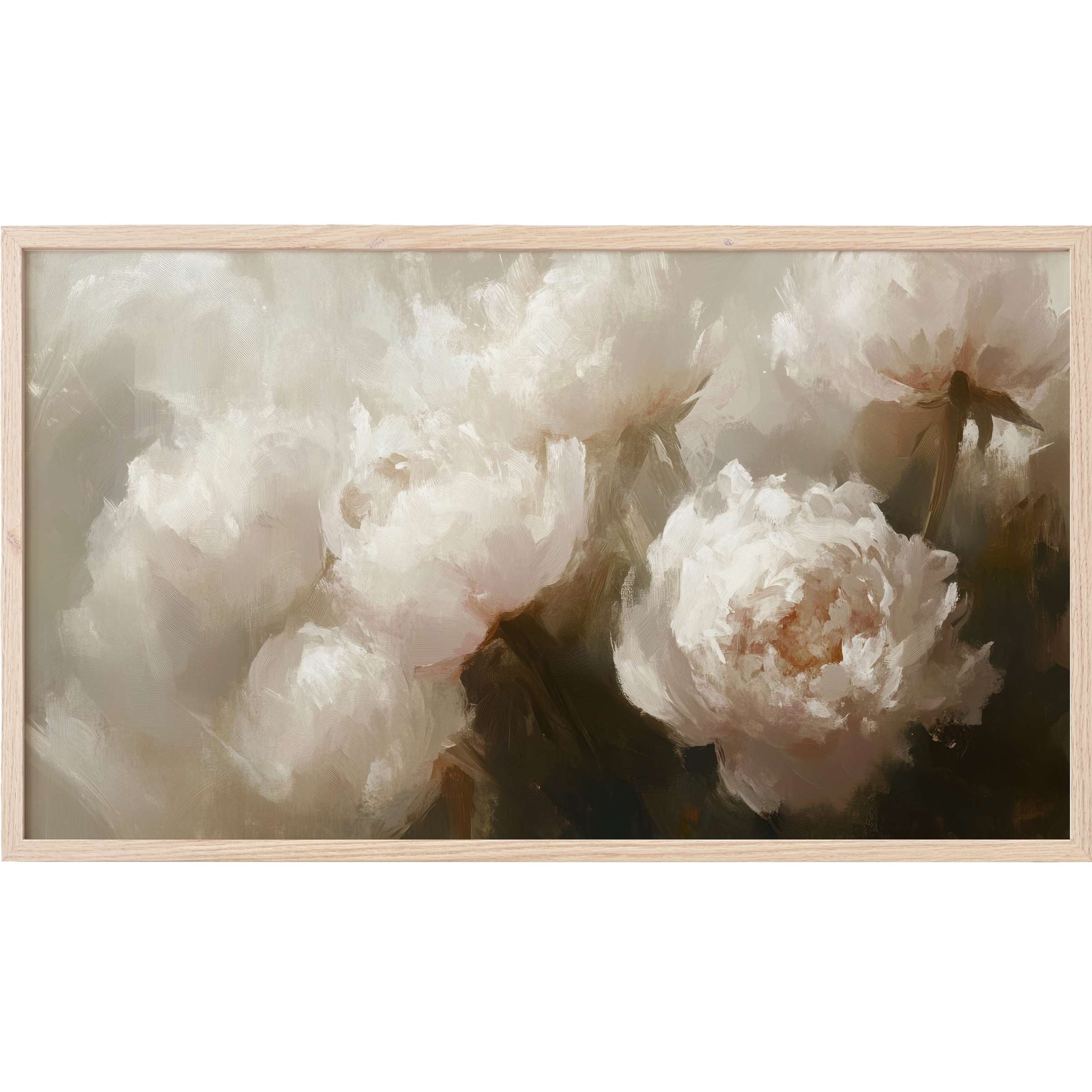 Floral Frame TV Art with soft white peonies in muted beige and brown tones, featuring elegant, painterly texture