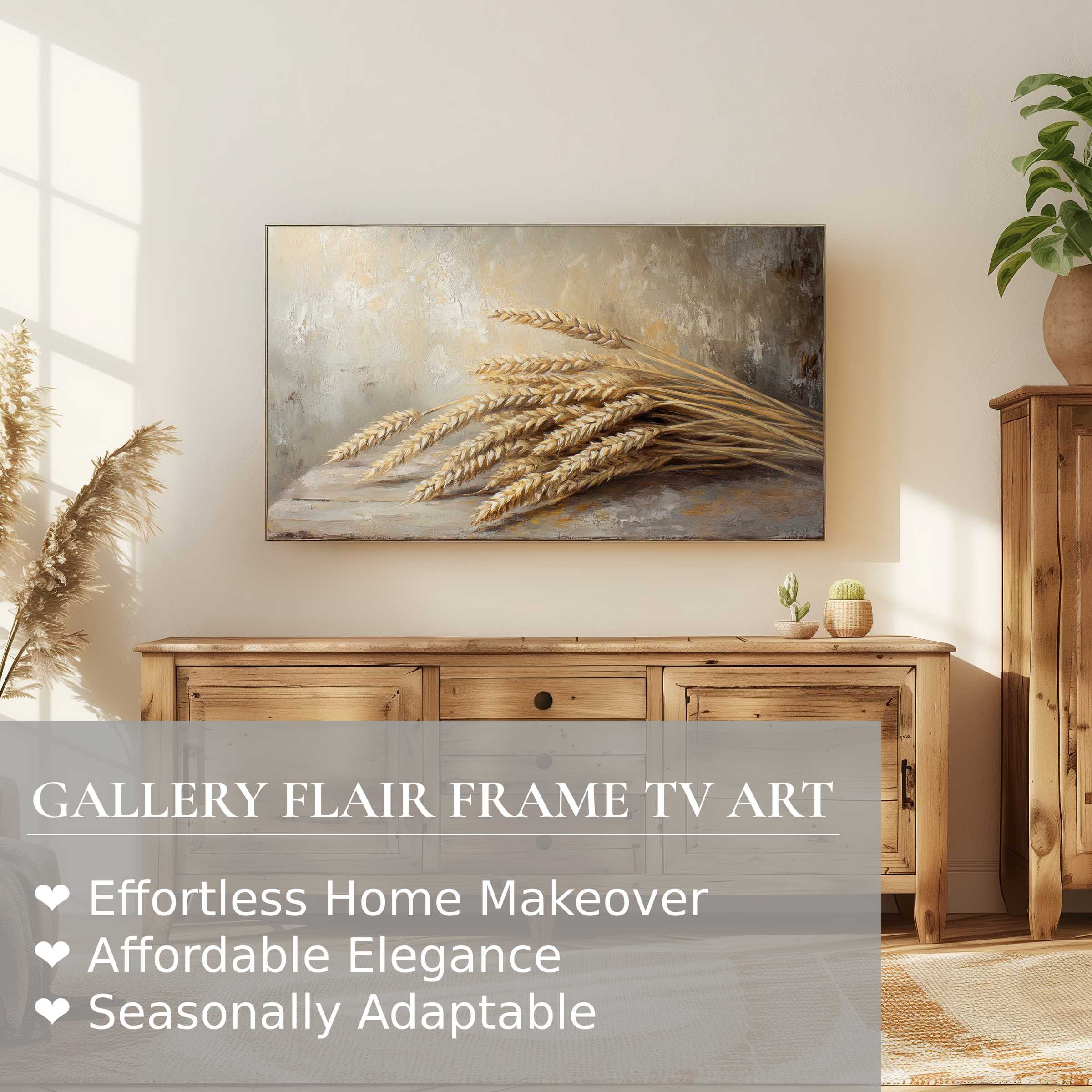Samsung Frame TV showcasing elegant farmhouse digital artwork of wheat in a warm, modern rustic living space