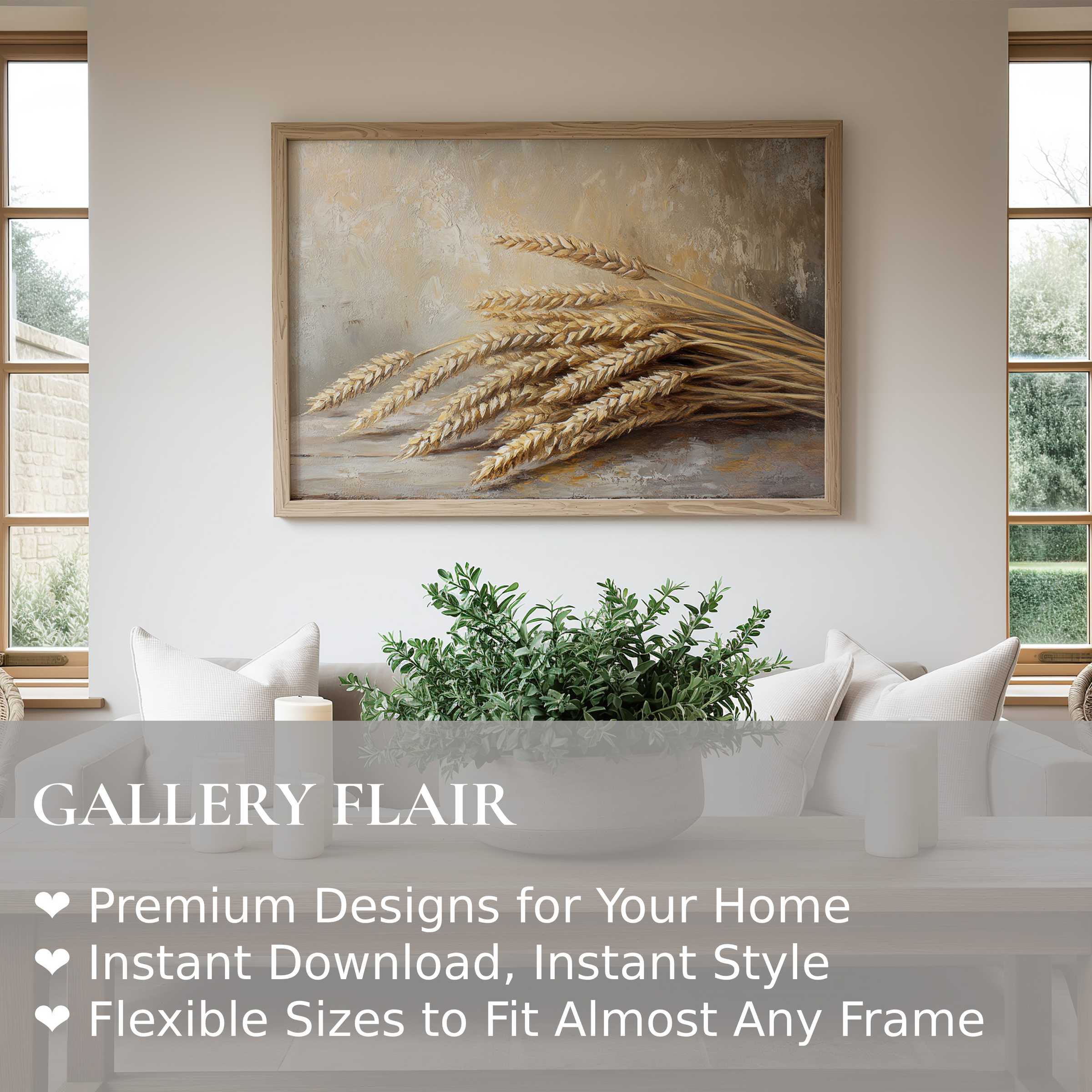 Farmhouse wall art print of golden wheat sheaves, exuding soft rustic charm and warmth in a serene modern farmhouse living room