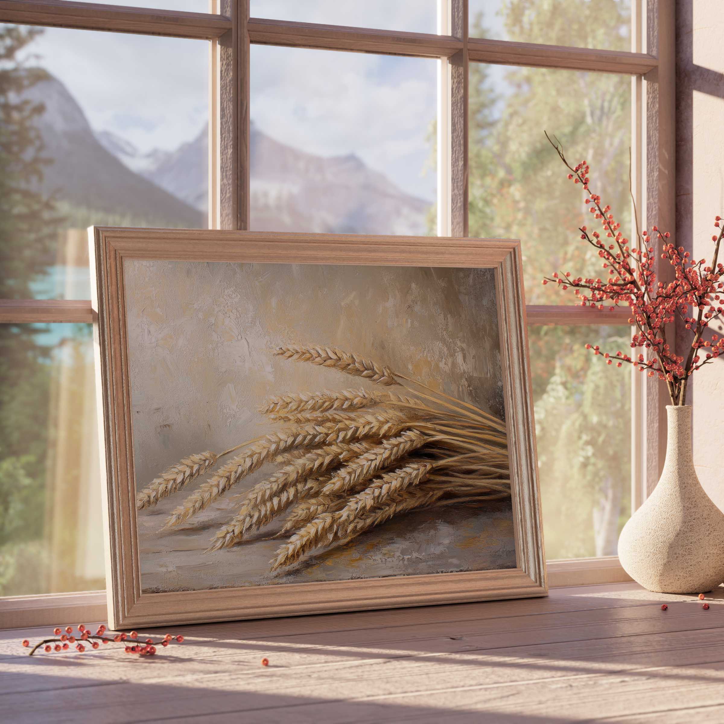 Farmhouse downloadable art showcasing textured wheat sheaves, evoking warm, rustic elegance for serene, curated interiors