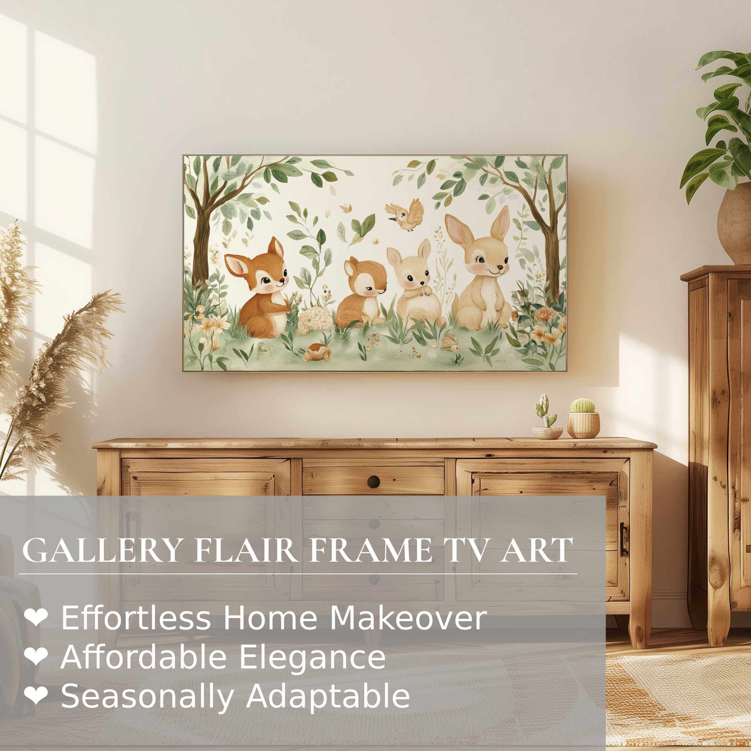 Samsung Frame TV displaying charming nursery digital artwork of woodland animals in a soft, modern nursery setting