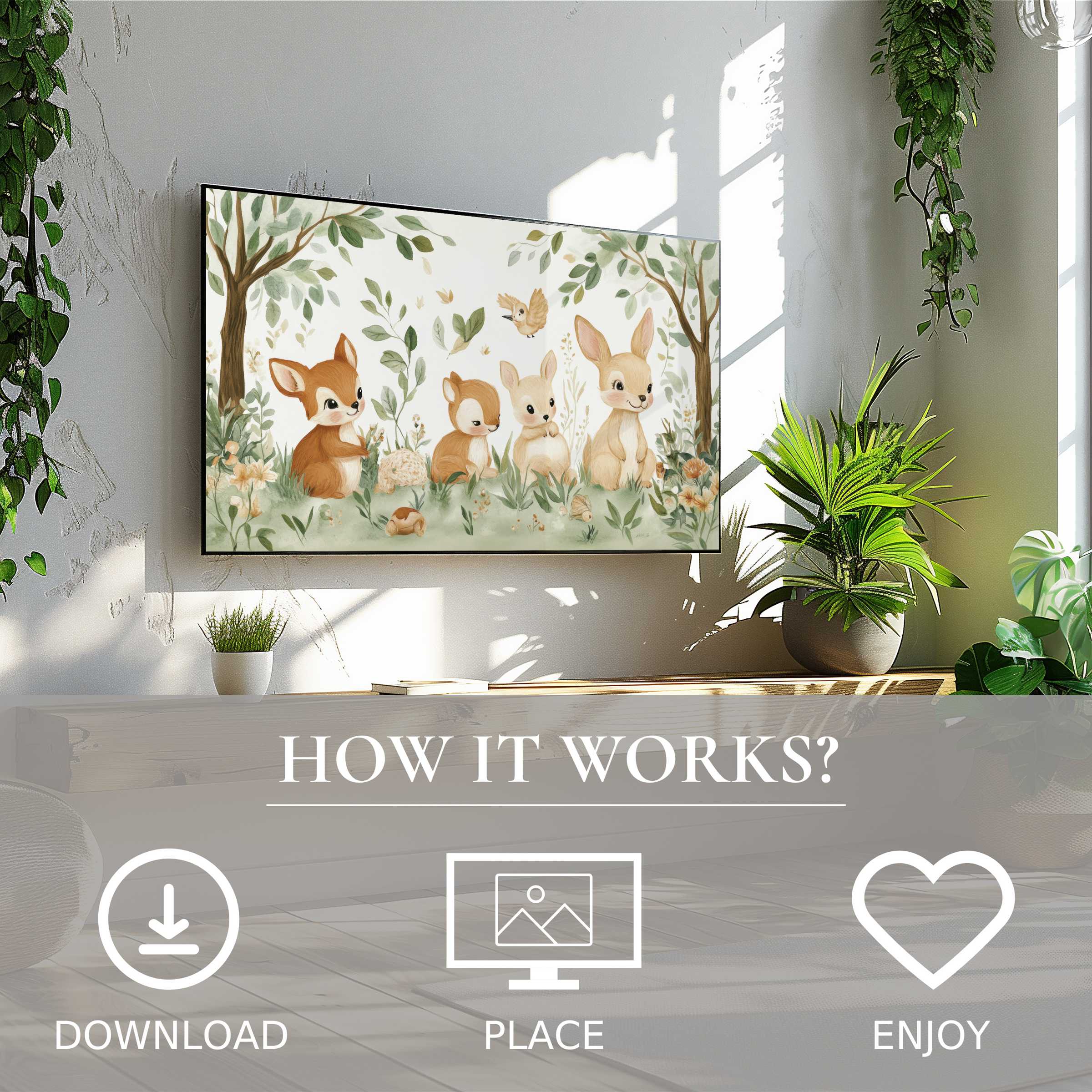 Nursery art for Samsung TV with cute woodland animals, easy digital download adds charm and warmth to any nursery space