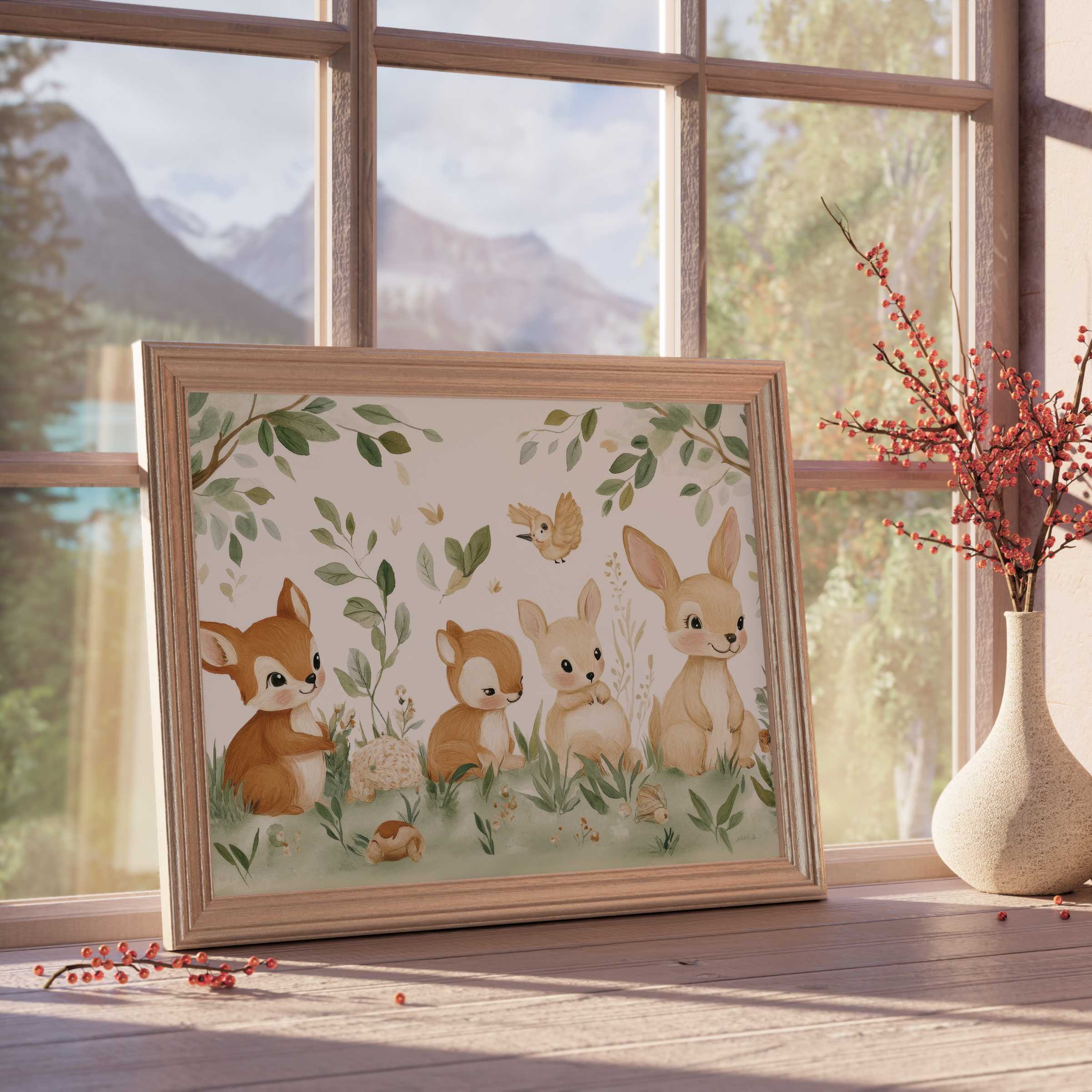 Nursery downloadable art featuring charming woodland animals in soft pastels, perfect for serene, design-forward children's rooms