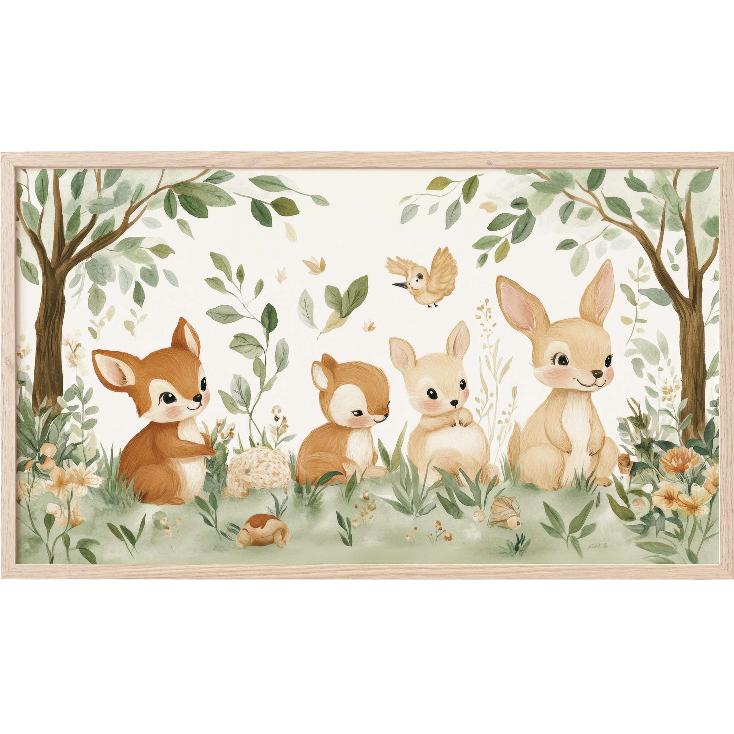Charming woodland animals in soft earth tones with leafy greens, a serene nursery Frame TV Art for modern spaces